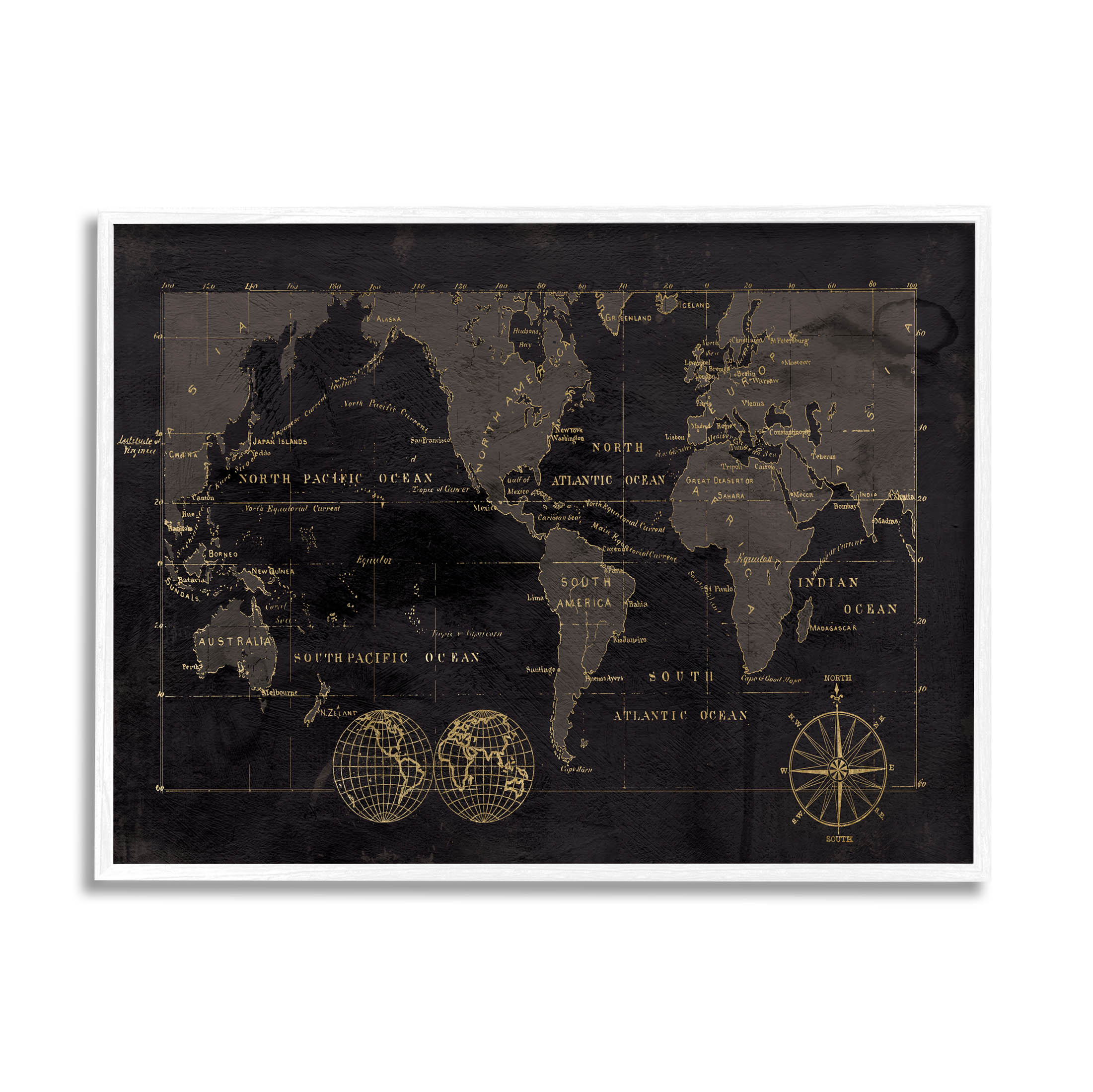 Stupell Industries Black Detailed World Map Graphic Art White Framed Art Print Wall Art, Design by Carol Robinson