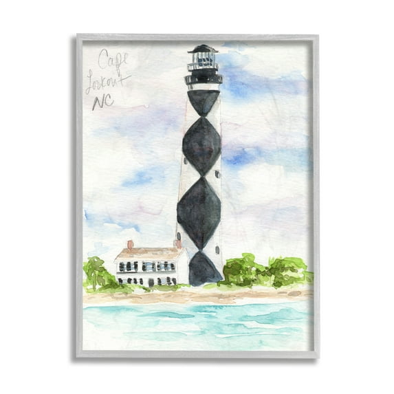 Stupell Industries Black Diamond Lighthouse With Beach Coast Landscape Grey Framed, 11 x 14, Design by Melissa Hyatt LLC