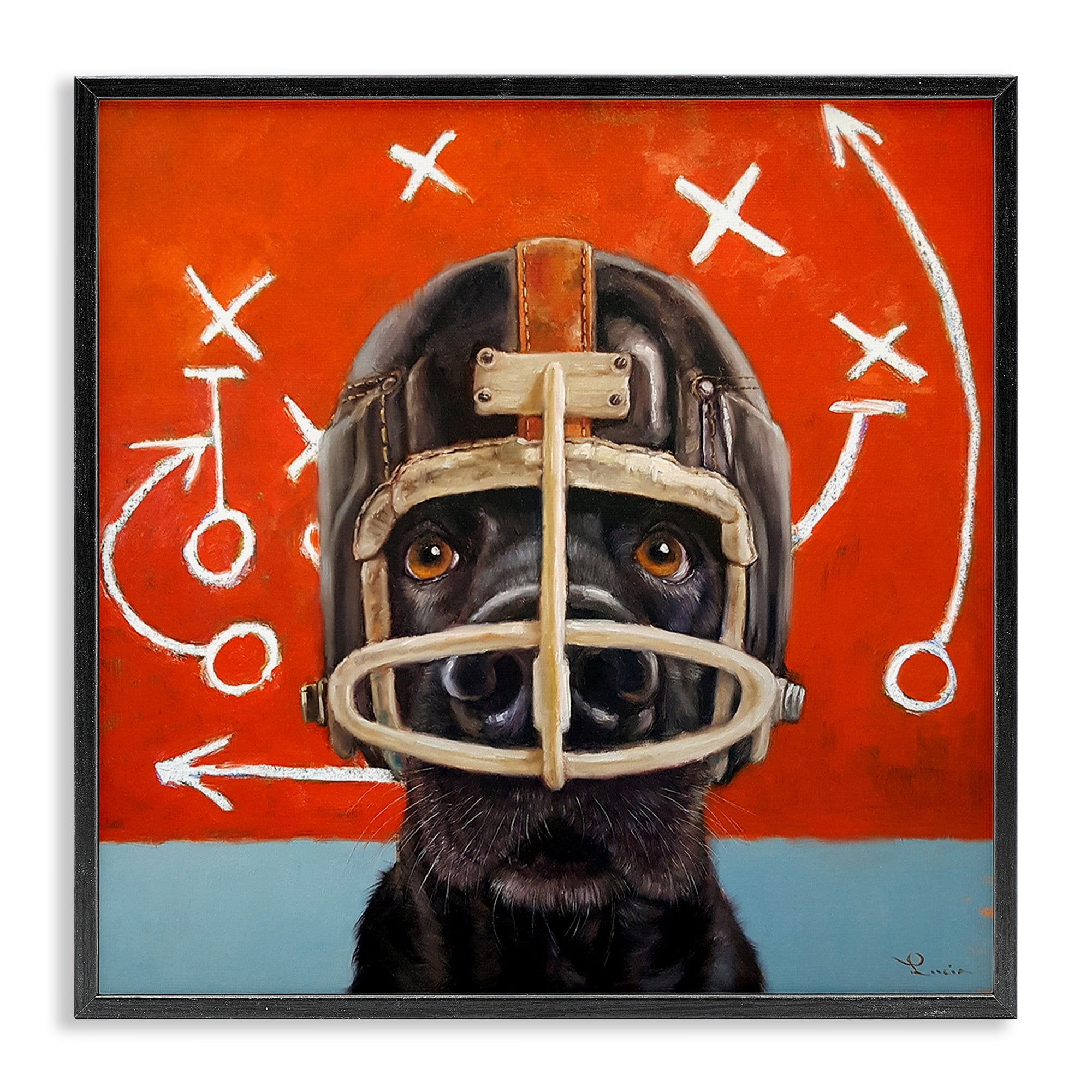 Stupell Industries Black Dog Wearing Football Helmet Sports Plays Framed Wall Art, 12 x 12, Design by Lucia Heffernan