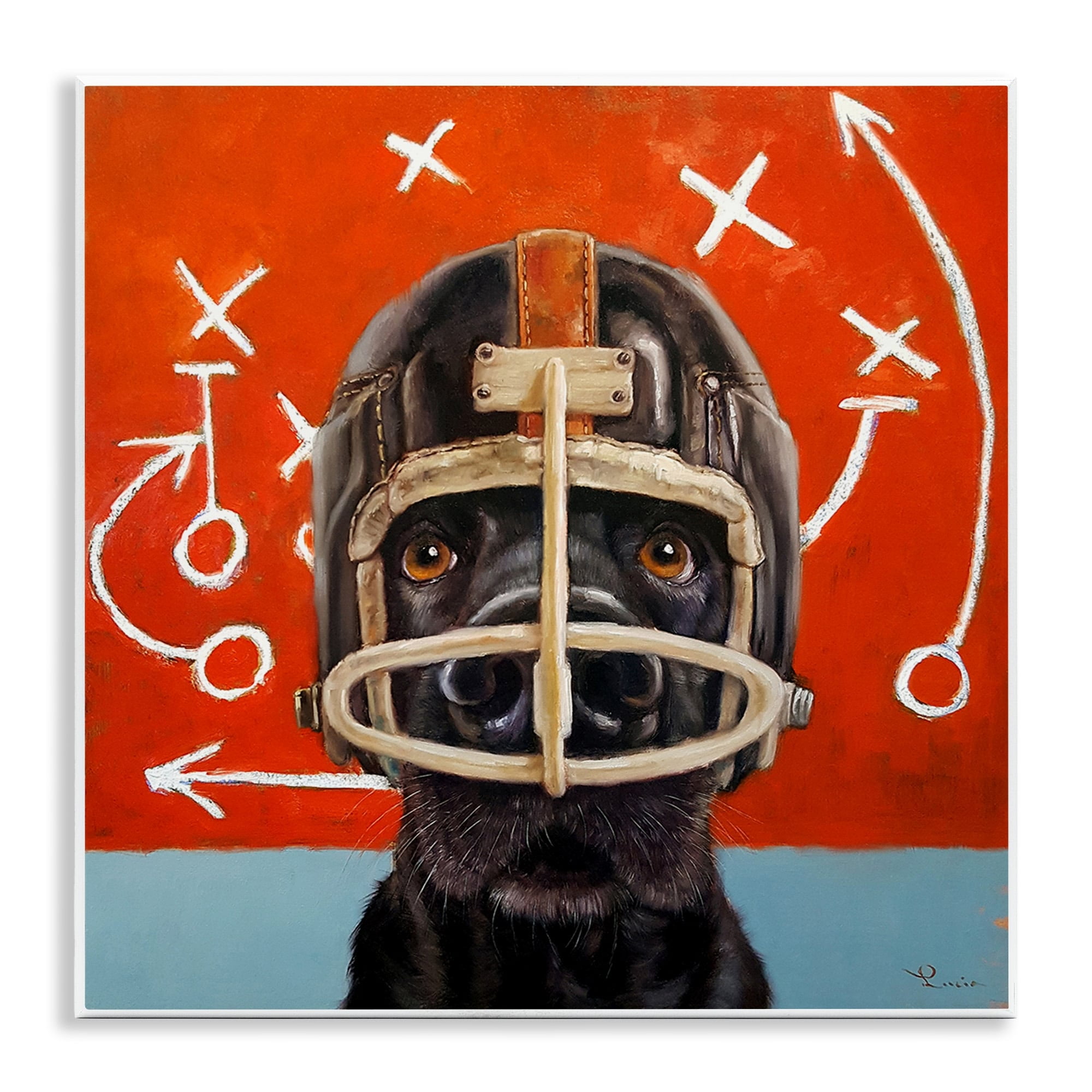 Stupell Industries Black Dog Wearing Football Helmet Sports Plays Wood Wall Art, 12 x 12, Design by Lucia Heffernan