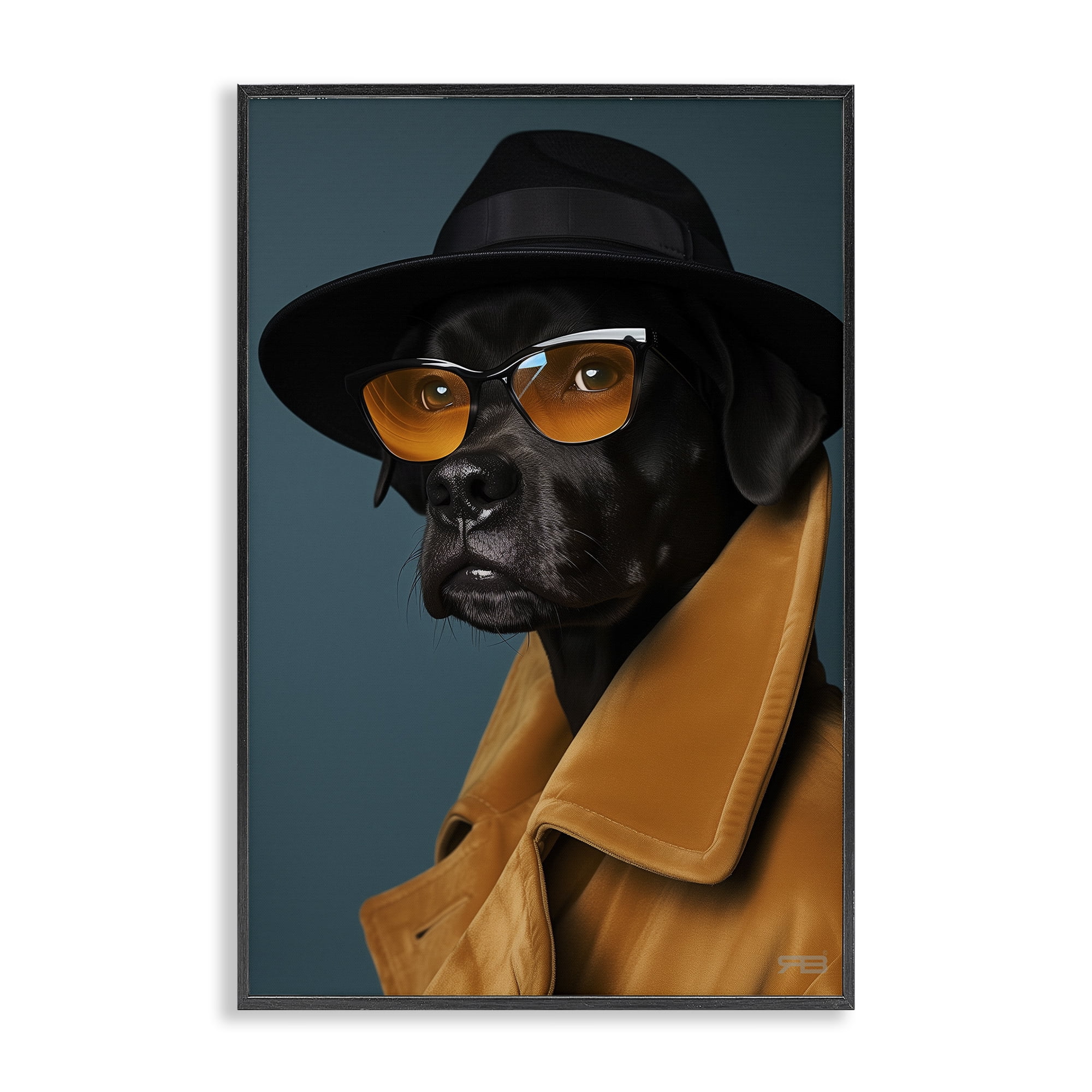 Black Dog in Suit Canvas Print with Black Frame