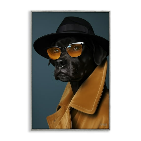 Stupell Industries Black Dog in Suit Animals & Insects Painting Gray Framed Art Print Wall Art, 12 x 18