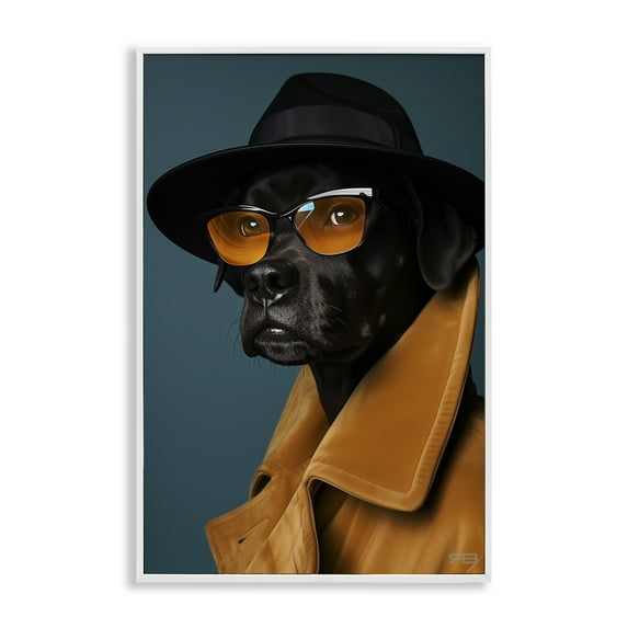 Stupell Industries Black Dog in Suit Animals & Insects Painting White Framed Art Print Wall Art, 12 x 18