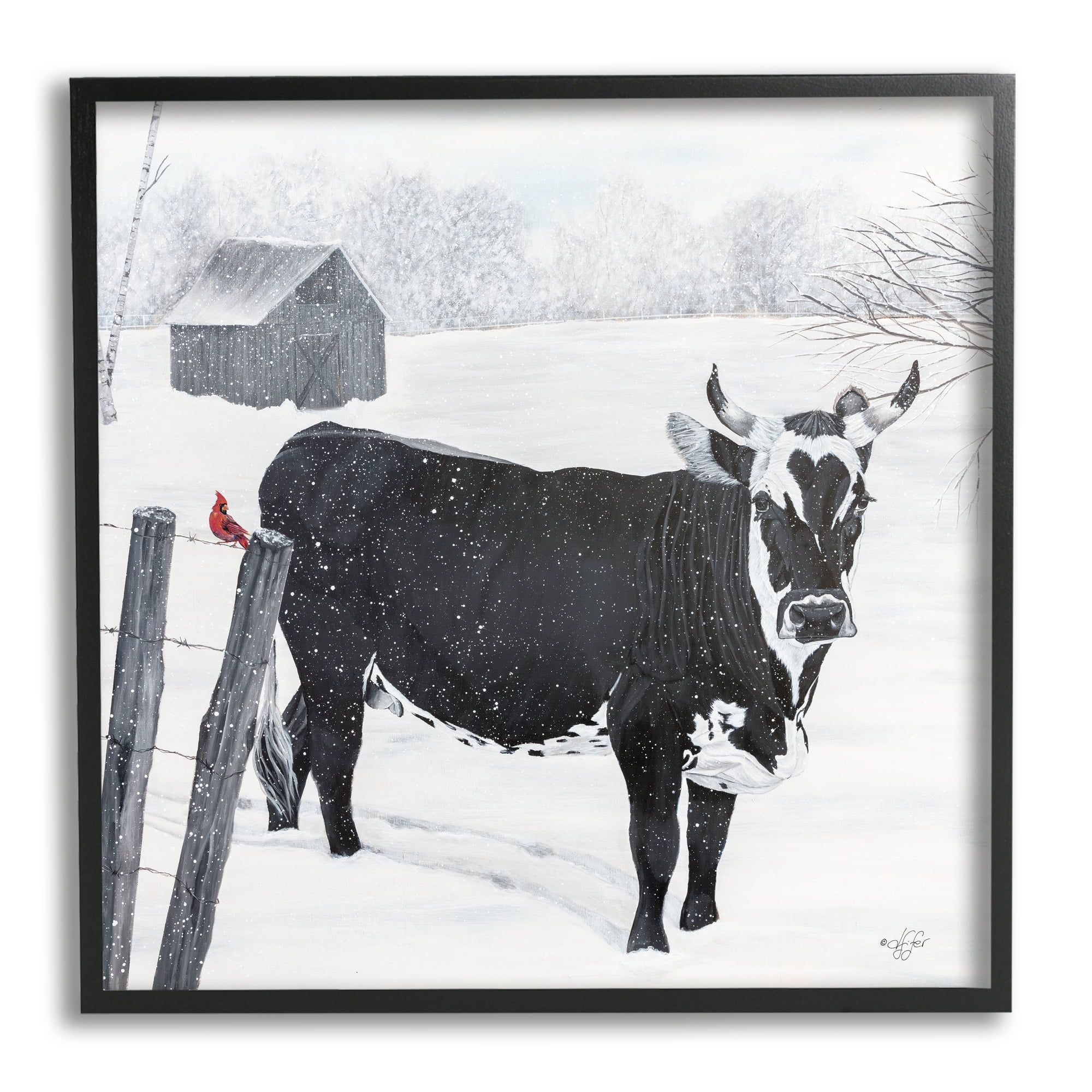 Stupell Industries Black Farm Cow Niveous Snow Covered Field Painting Black Framed Art Print Wall Art, Design by Diane Fifer