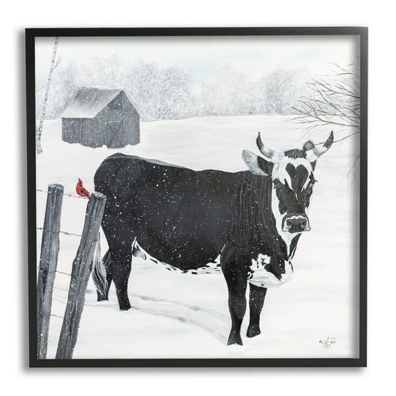 Stupell Industries Black Farm Cow Niveous Snow Covered Field Painting Black Framed Art Print Wall Art, Design by Diane Fifer
