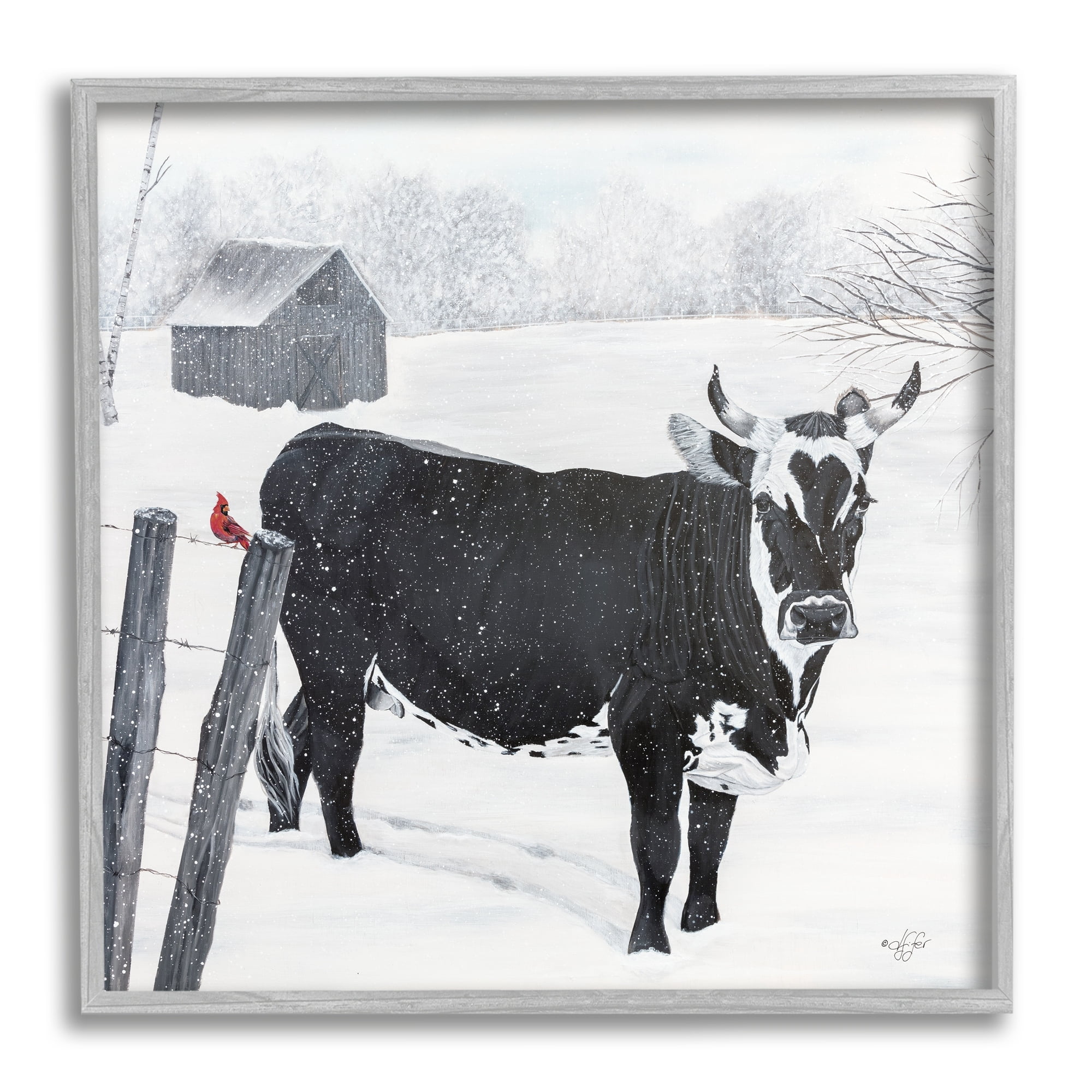 Stupell Industries Black Farm Cow Niveous Snow Covered Field Painting Gray Framed Art Print Wall Art, Design by Diane Fifer