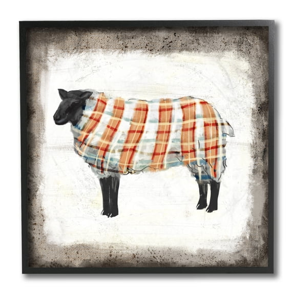 Stupell Industries Black Farm Sheep In Autumn Plaid Sweater Black Framed, 12 x 12, Design by Ziwei Li