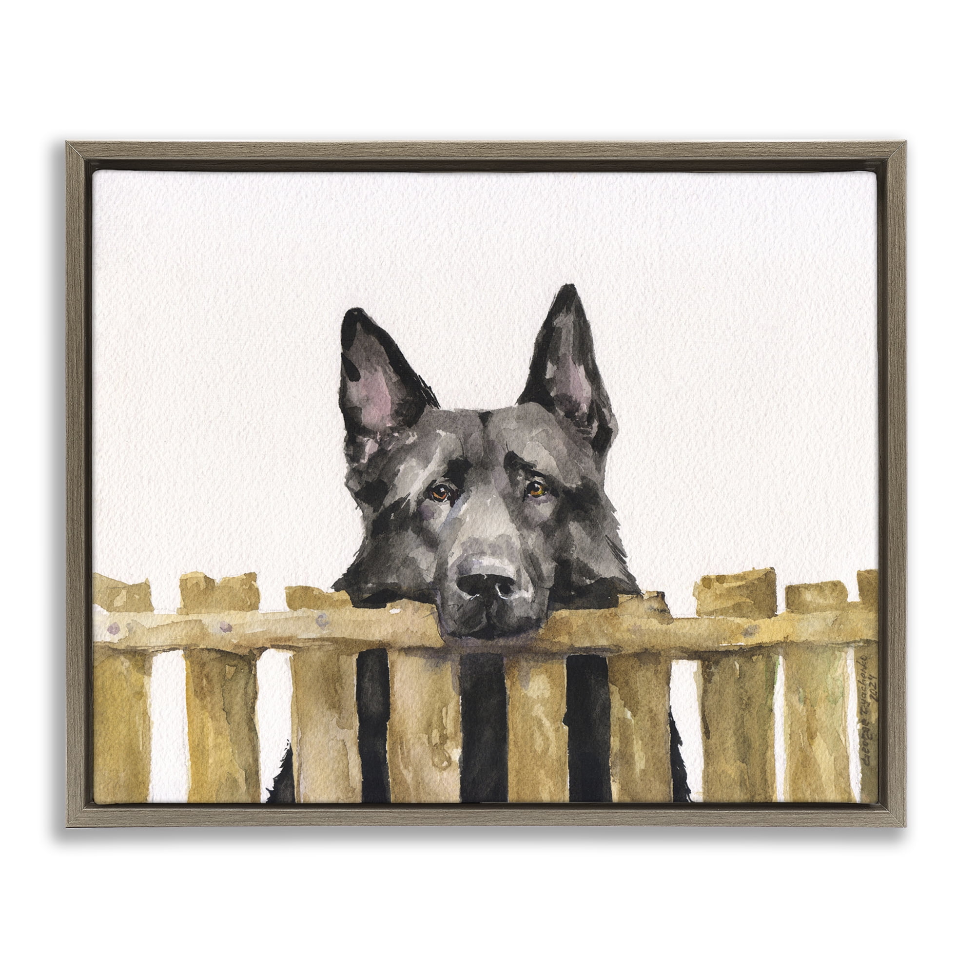 Stupell Industries Black German Shepherd Animals Painting Brown Floater Framed Canvas Art Print Wall Art, 21 x 17