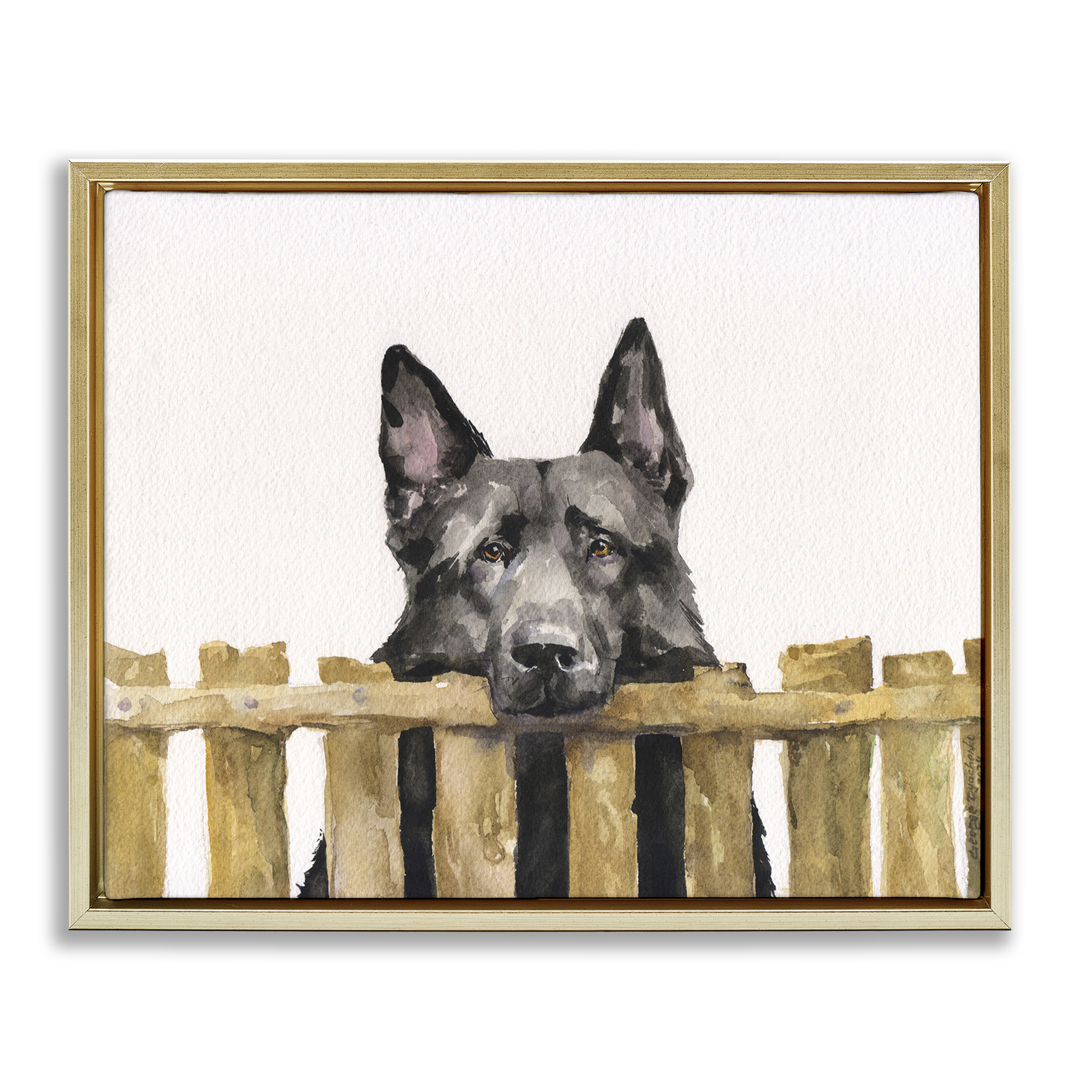 Stupell Industries Black German Shepherd Animals Painting Gold Floater Framed Canvas Art Print Wall Art, 21 x 17