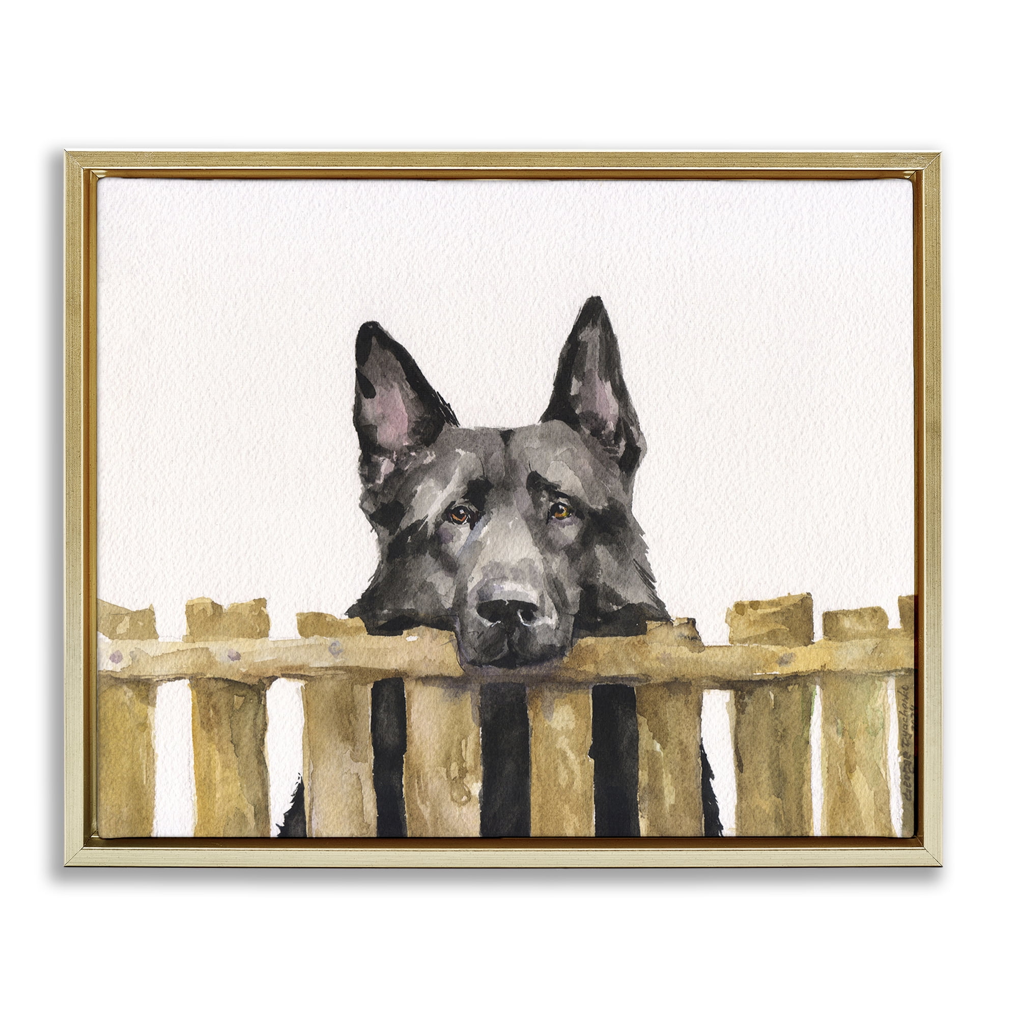 Stupell Industries Black German Shepherd Animals Painting Gold Floater Framed Canvas Art Print Wall Art, 31 x 25