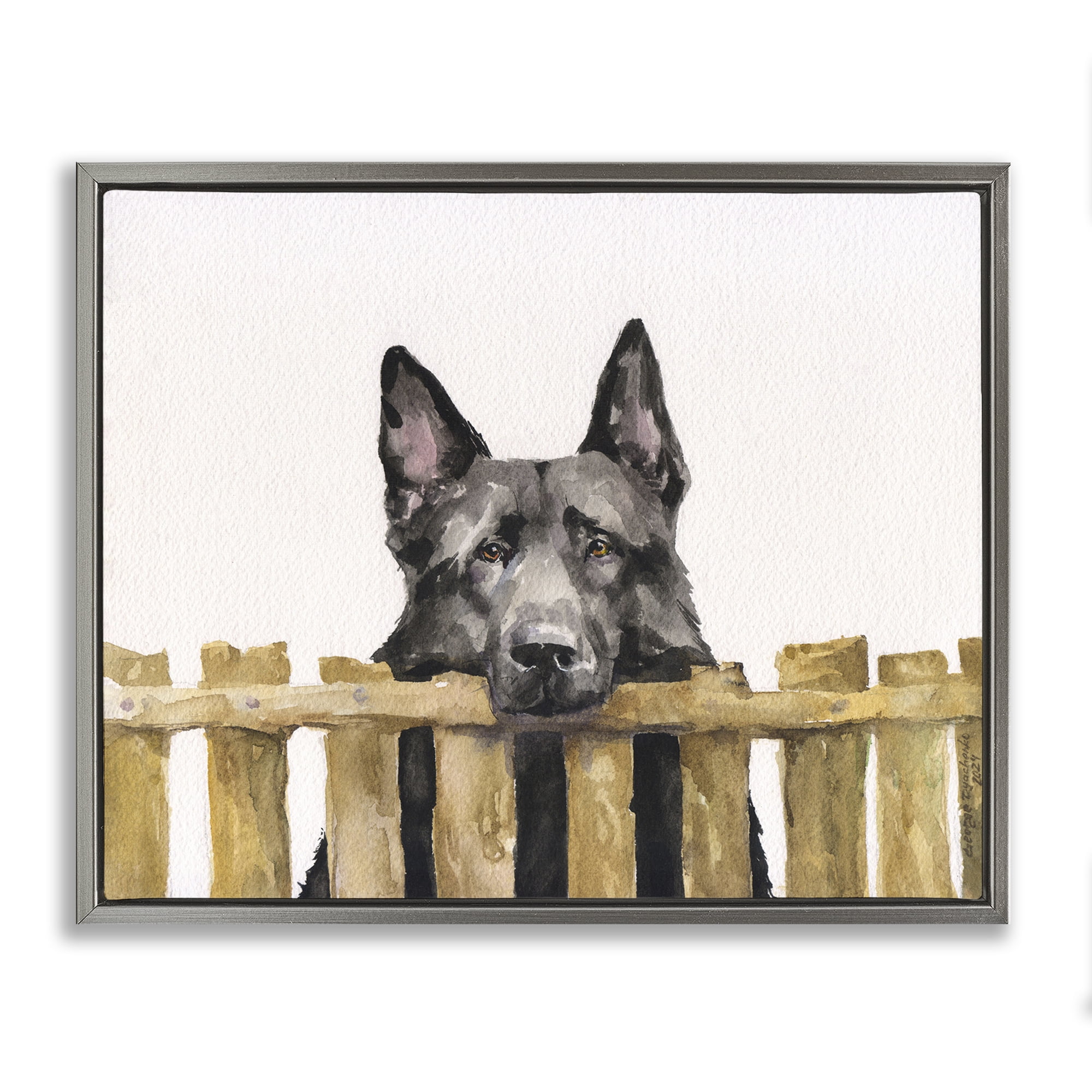 Stupell Industries Black German Shepherd Animals Painting Gray Floater Framed Canvas Art Print Wall Art, 31 x 25
