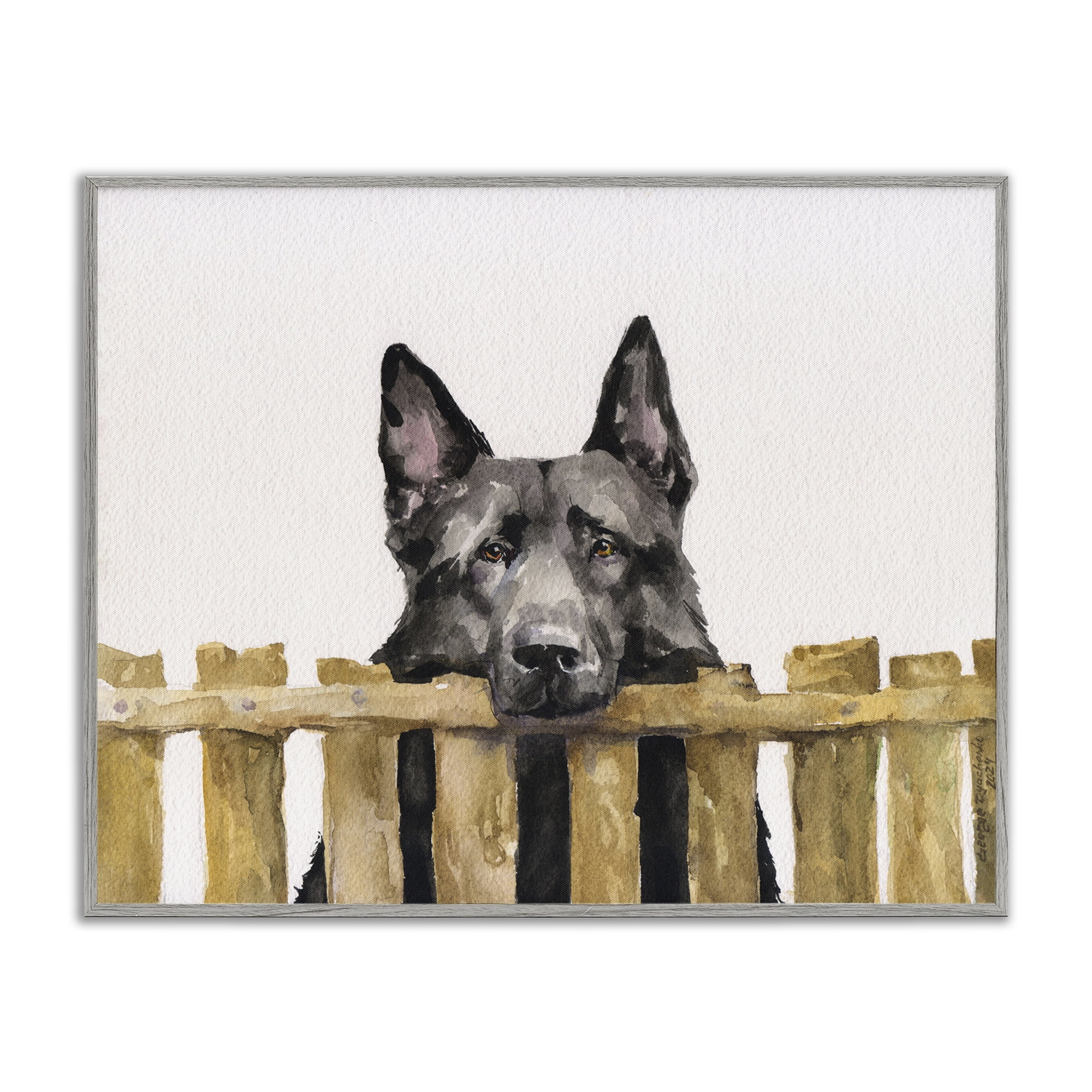 Stupell Industries Black German Shepherd Animals Painting Gray Framed Art Print Wall Art, 14 x 11