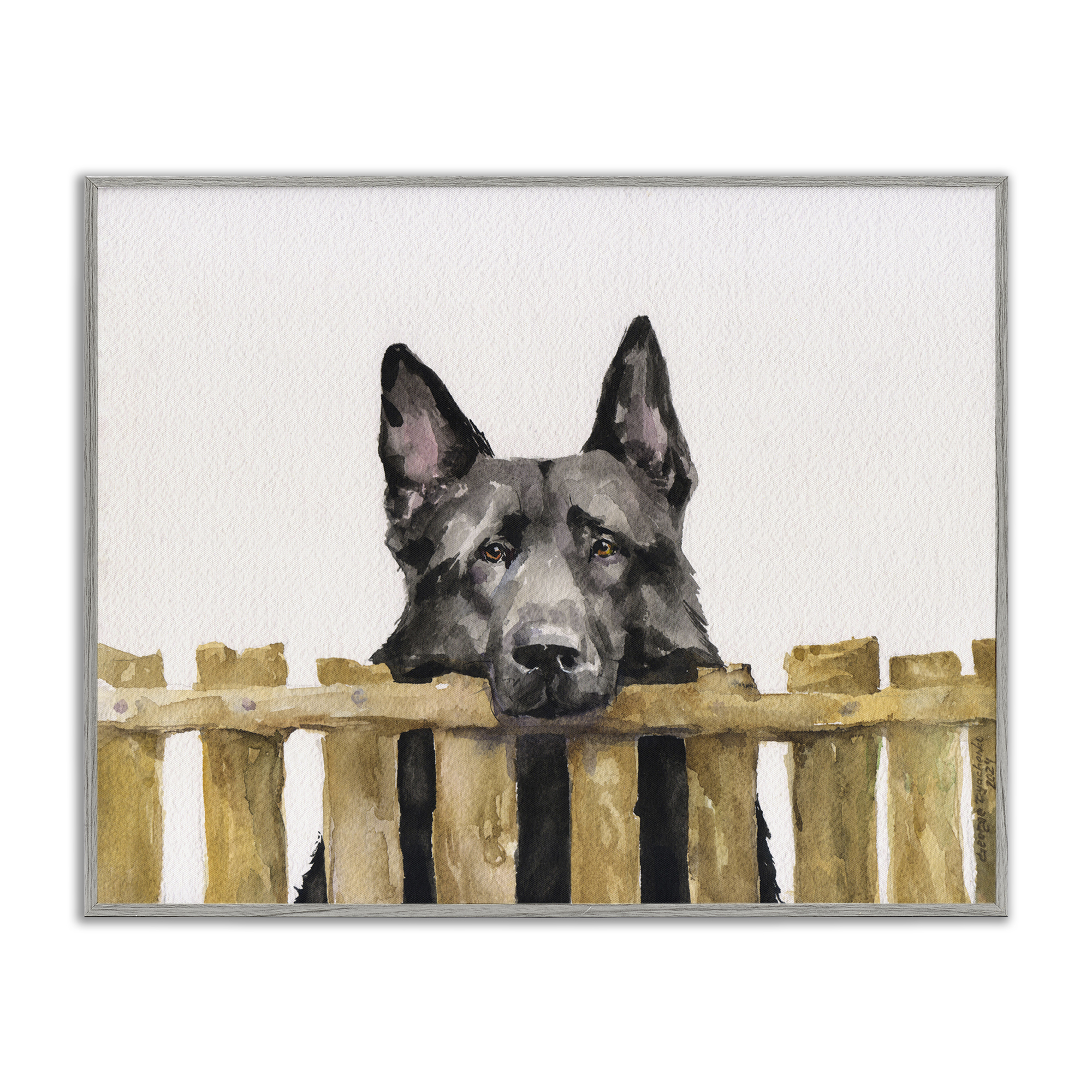 Stupell Industries Black German Shepherd Animals Painting Gray Framed Art Print Wall Art, 30 x 24