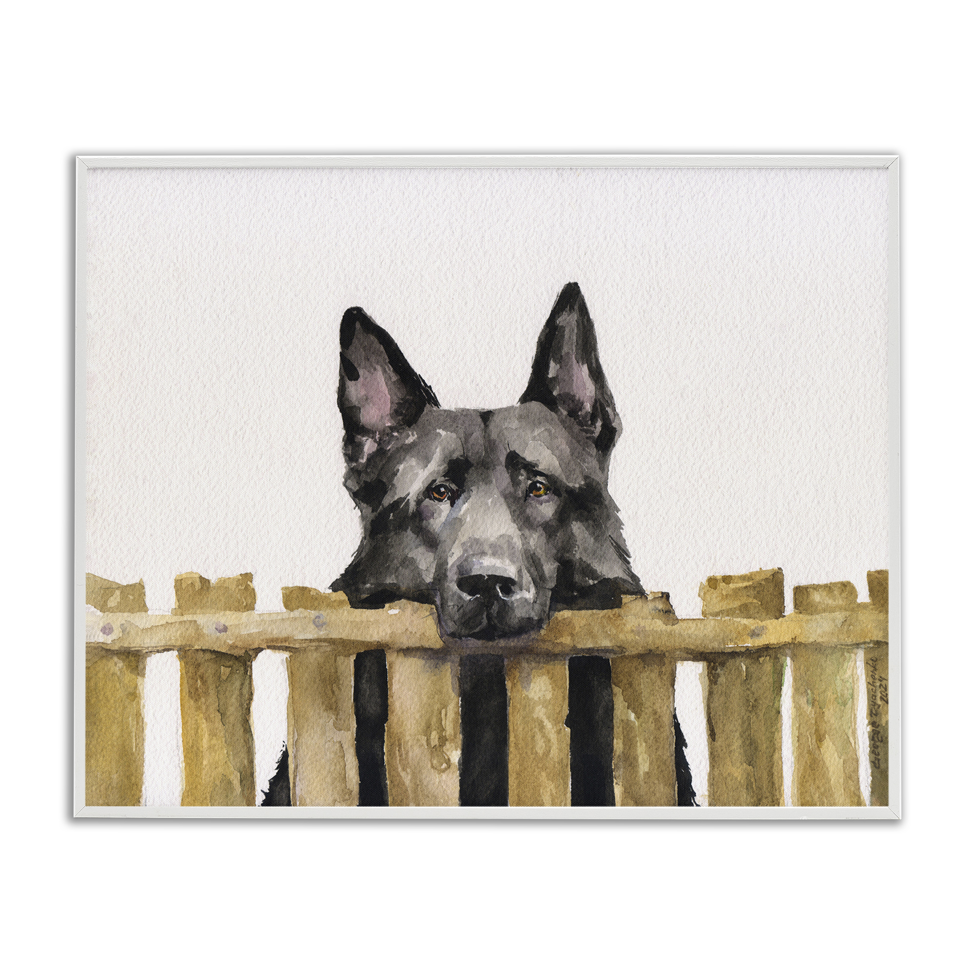 Stupell Industries Black German Shepherd Animals Painting White Framed Art Print Wall Art, 14 x 11