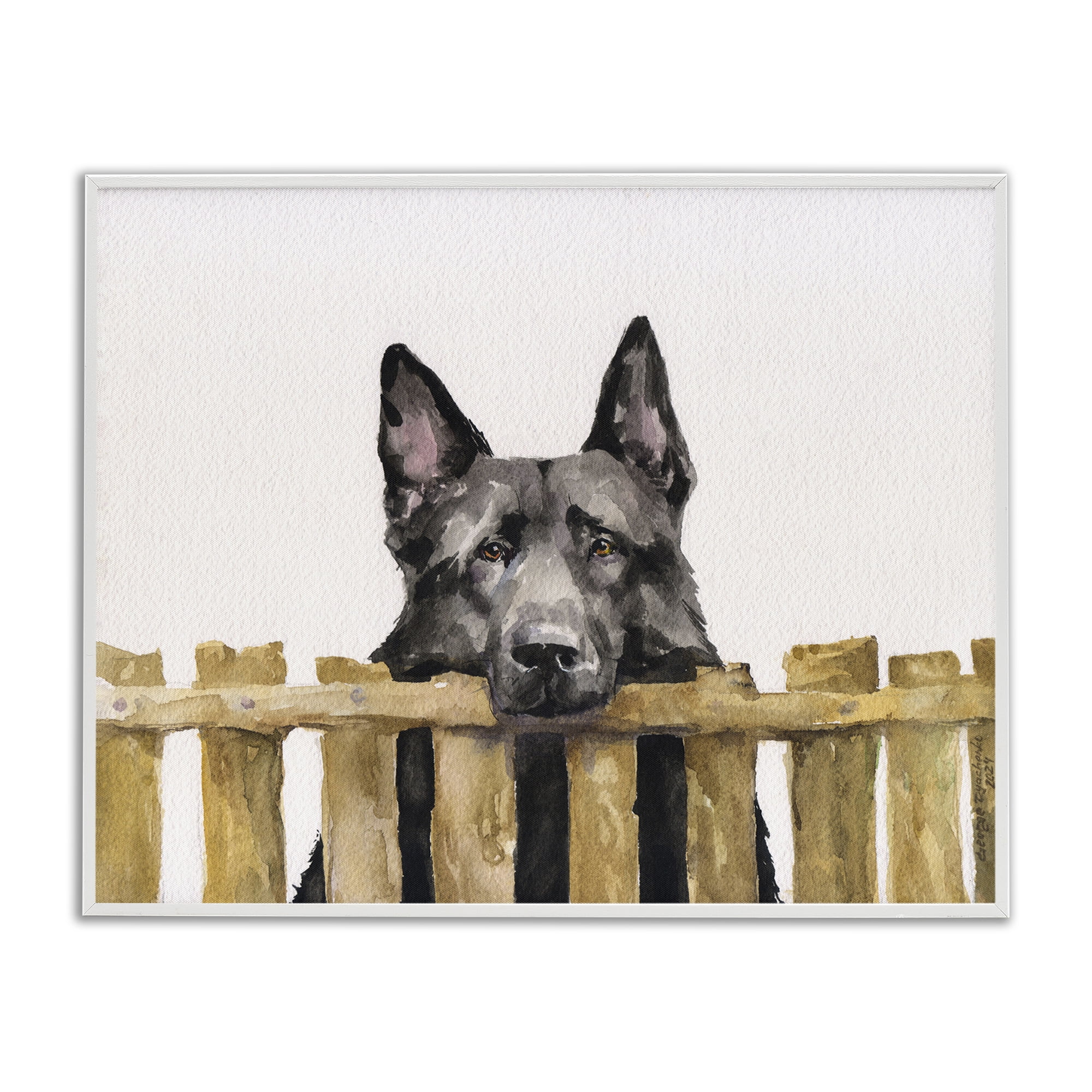 Stupell Industries Black German Shepherd Animals Painting White Framed Art Print Wall Art, 30 x 24