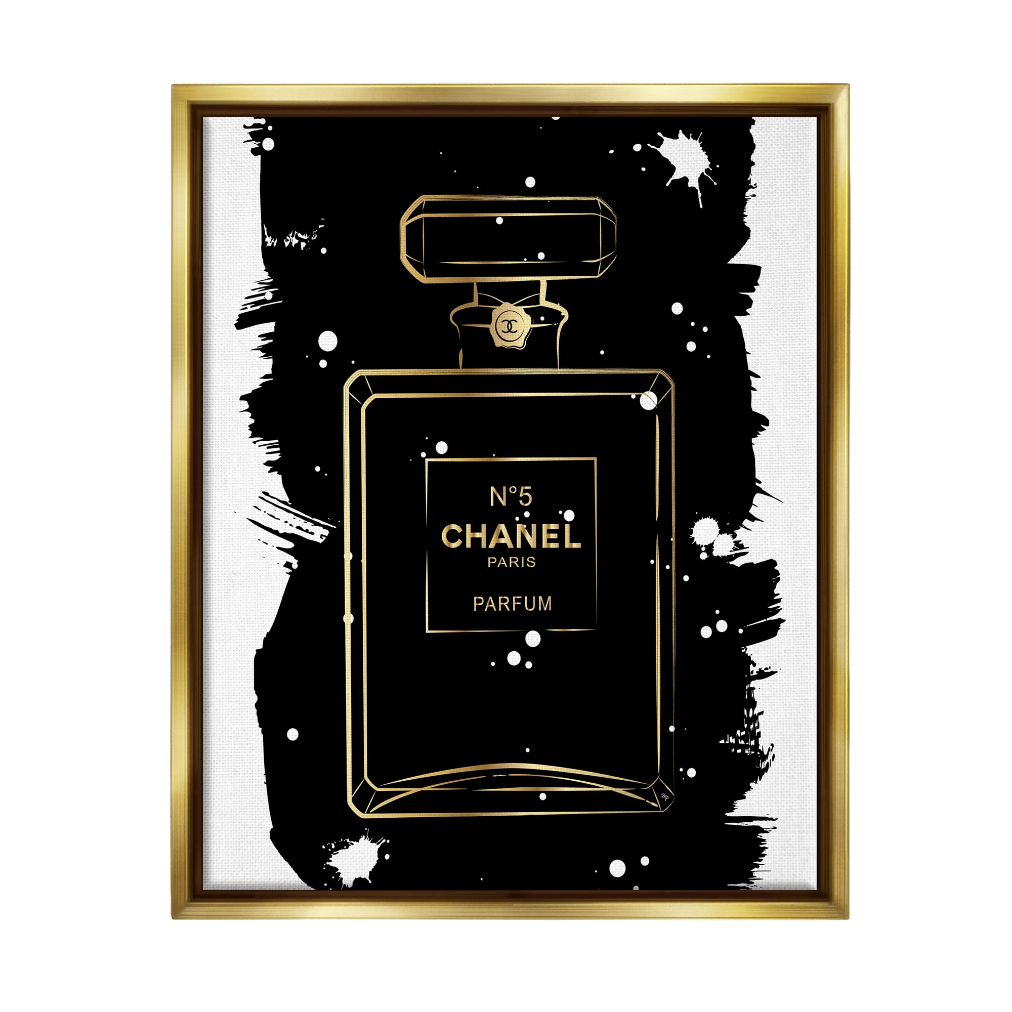 Stupell Industries Black Glam Perfume Beauty & Fashion Painting Gold Floater Framed Art Print Wall Art, 17 x 21