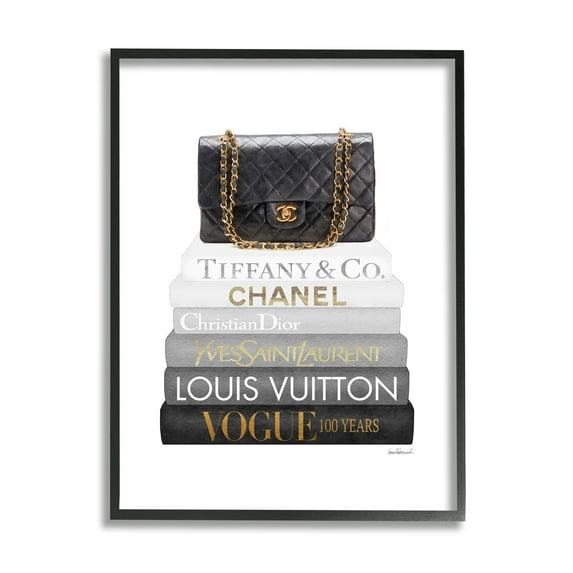 Stupell Industries Black Glam Purse Chic Modern Bookstack Beauty & Fashion Painting Black Framed Art Print Wall Art, 11 x 14