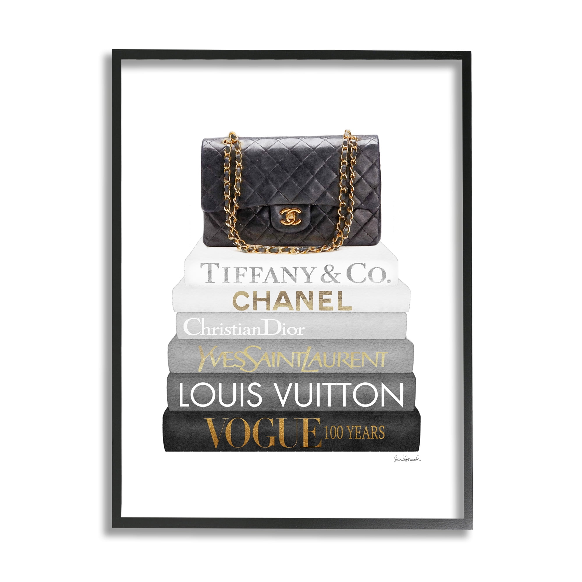 Stupell Industries Black Glam Purse Chic Modern Bookstack Beauty & Fashion Painting Black Framed Art Print Wall Art, 24 x 30