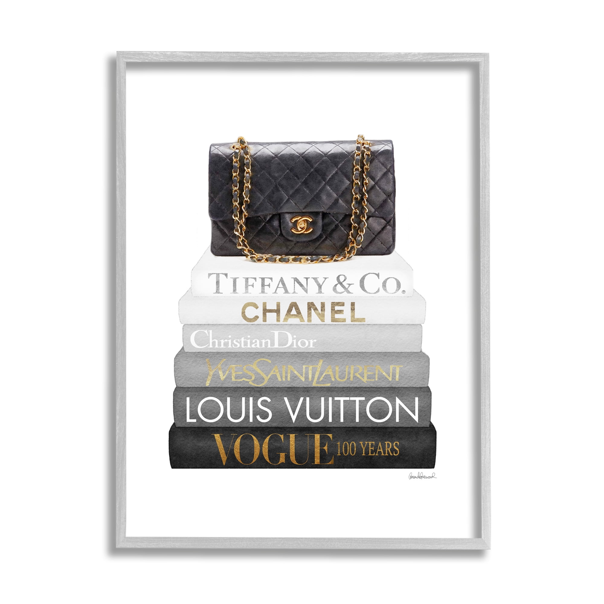 Stupell Industries Black Glam Purse Chic Modern Bookstack Beauty & Fashion Painting Gray Framed Art Print Wall Art, 11 x 14