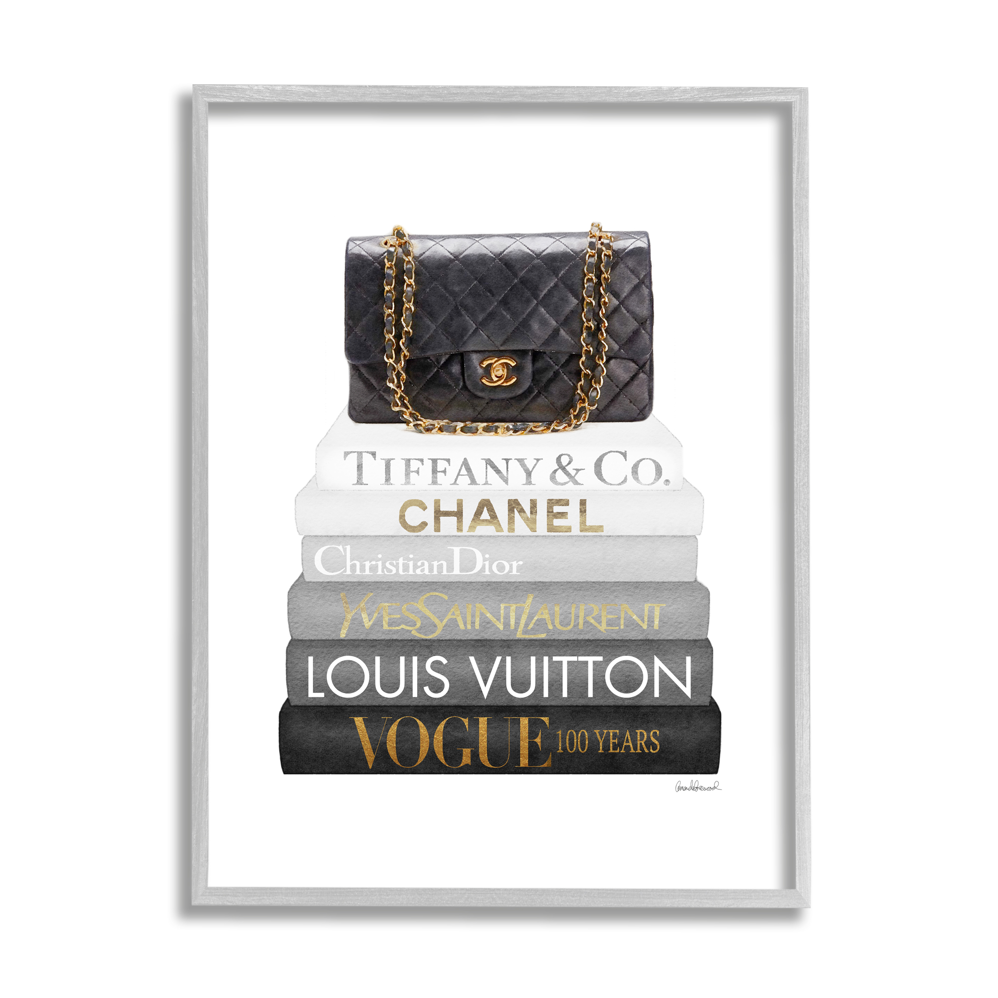 Stupell Industries Black Glam Purse Chic Modern Bookstack Beauty & Fashion Painting Gray Framed Art Print Wall Art, 24 x 30