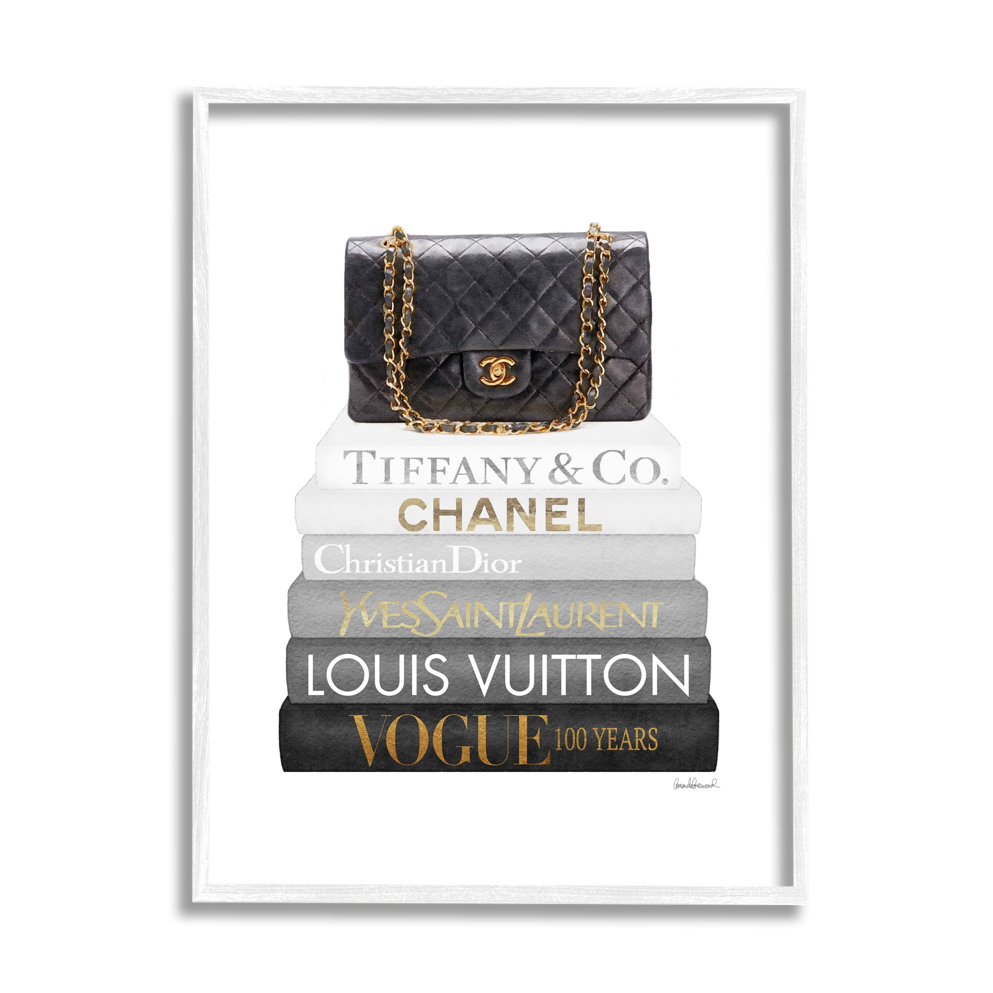 Stupell Industries Black Glam Purse Chic Modern Bookstack Beauty & Fashion Painting White Framed Art Print Wall Art, 16 x 20