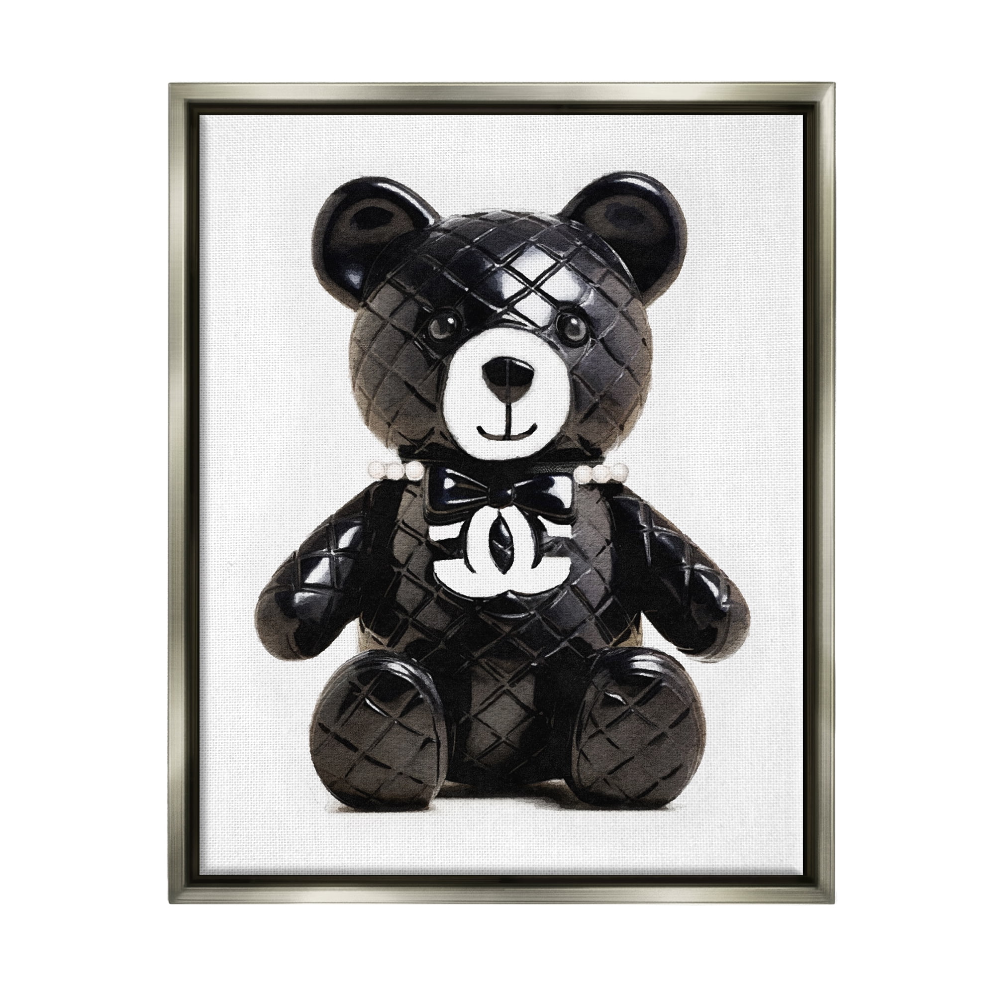 Stupell Industries Black Glam Teddy Bear Beauty & Fashion Painting Gray Floater Framed Canvas Art Print Wall Art, 17 x 21