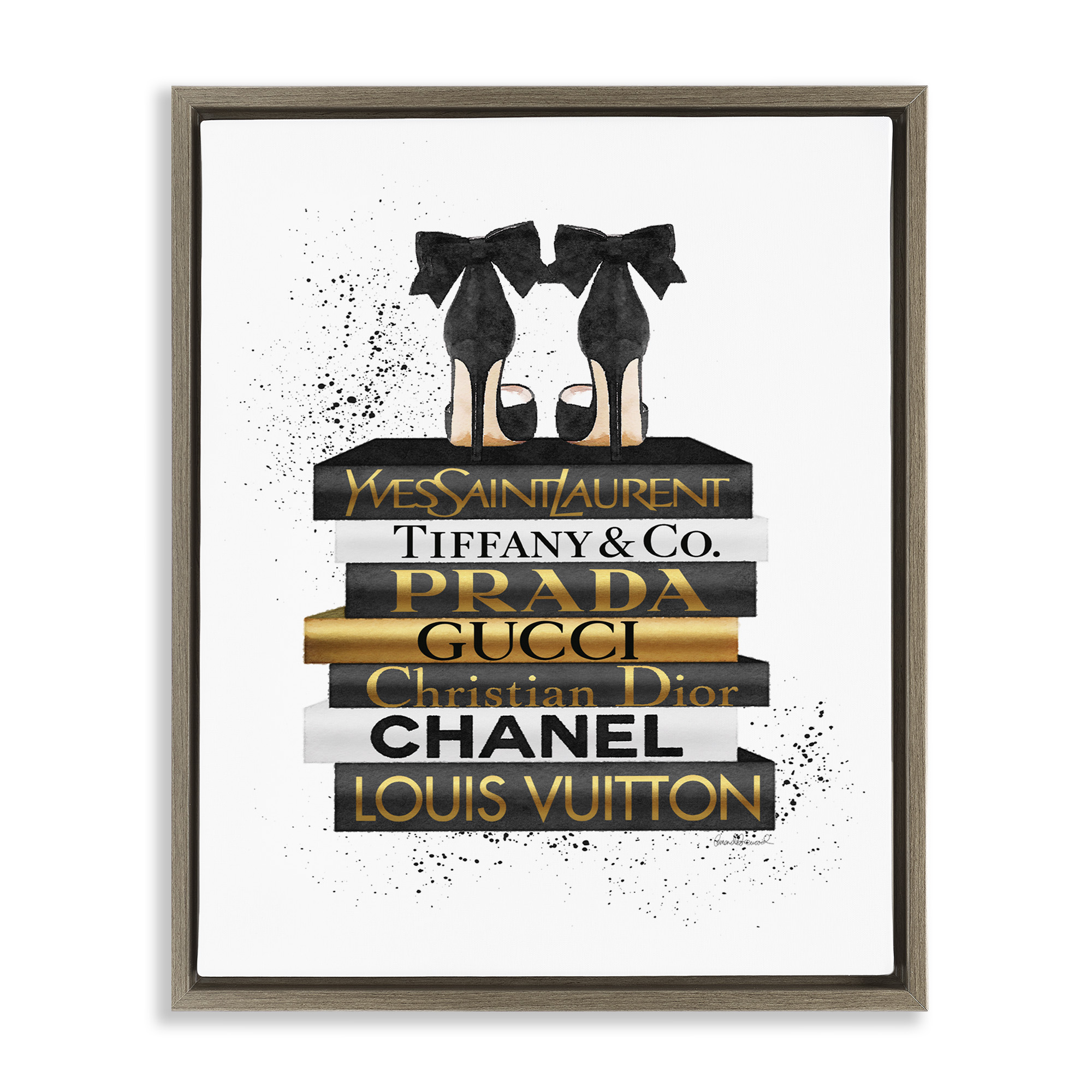 Stupell Industries Black Gold White Glam Bookstack Beauty & Fashion Painting Brown Floater Framed Canvas Art Print Wall Art, 25 x 31