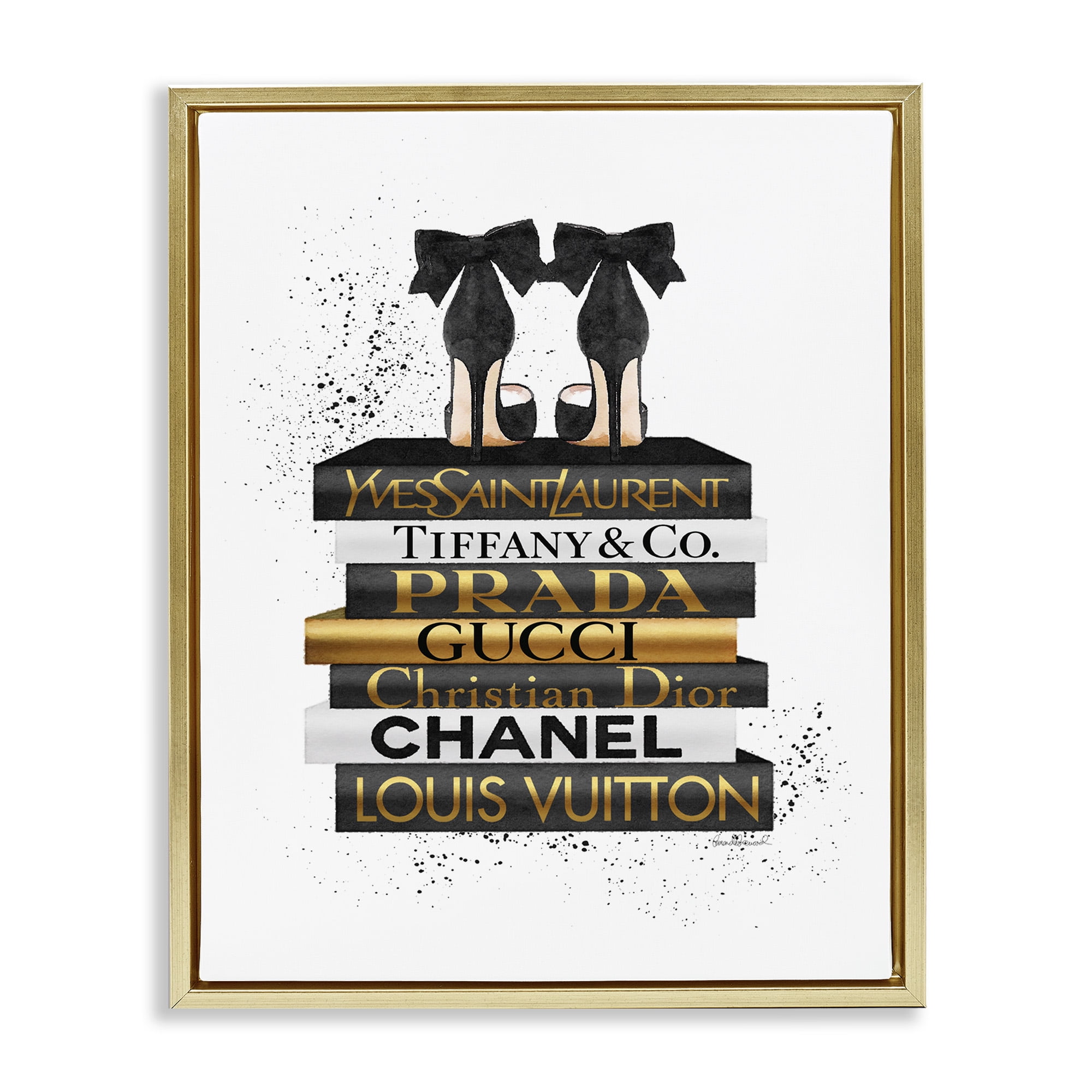 Stupell Industries Black Gold White Glam Bookstack Beauty & Fashion Painting Gold Floater Framed Canvas Art Print Wall Art, 25 x 31