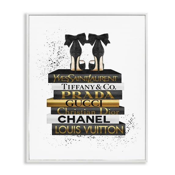Stupell Industries Black Gold White Glam Bookstack Beauty & Fashion Painting White Framed Art Print Wall Art, 16 x 20