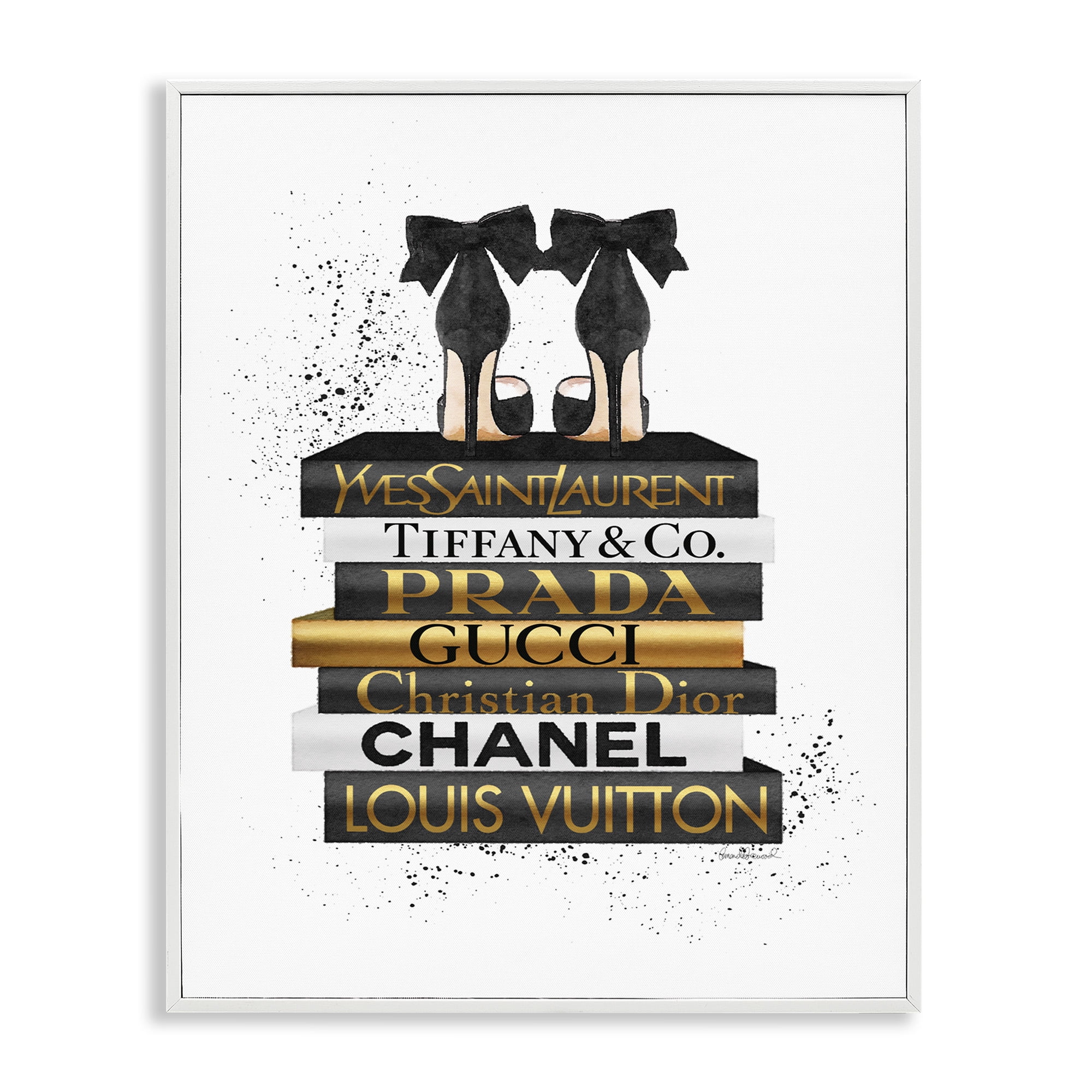 Stupell Industries Black Gold White Glam Bookstack Beauty & Fashion Painting White Framed Art Print Wall Art, 24 x 30
