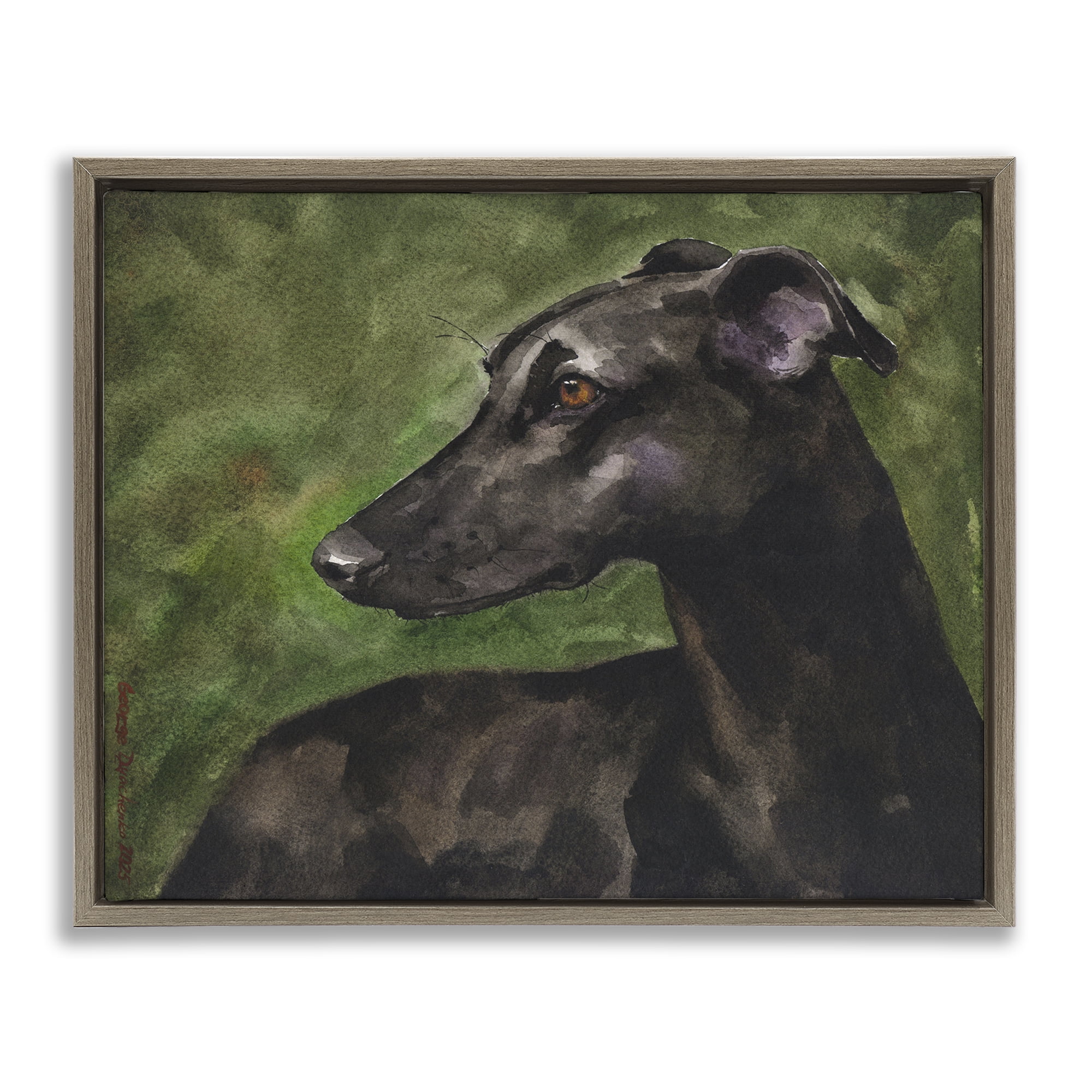 Stupell Industries Black Greyhound Portrait Brown Framed Floater Canvas Wall Art, design by George Dyachenko