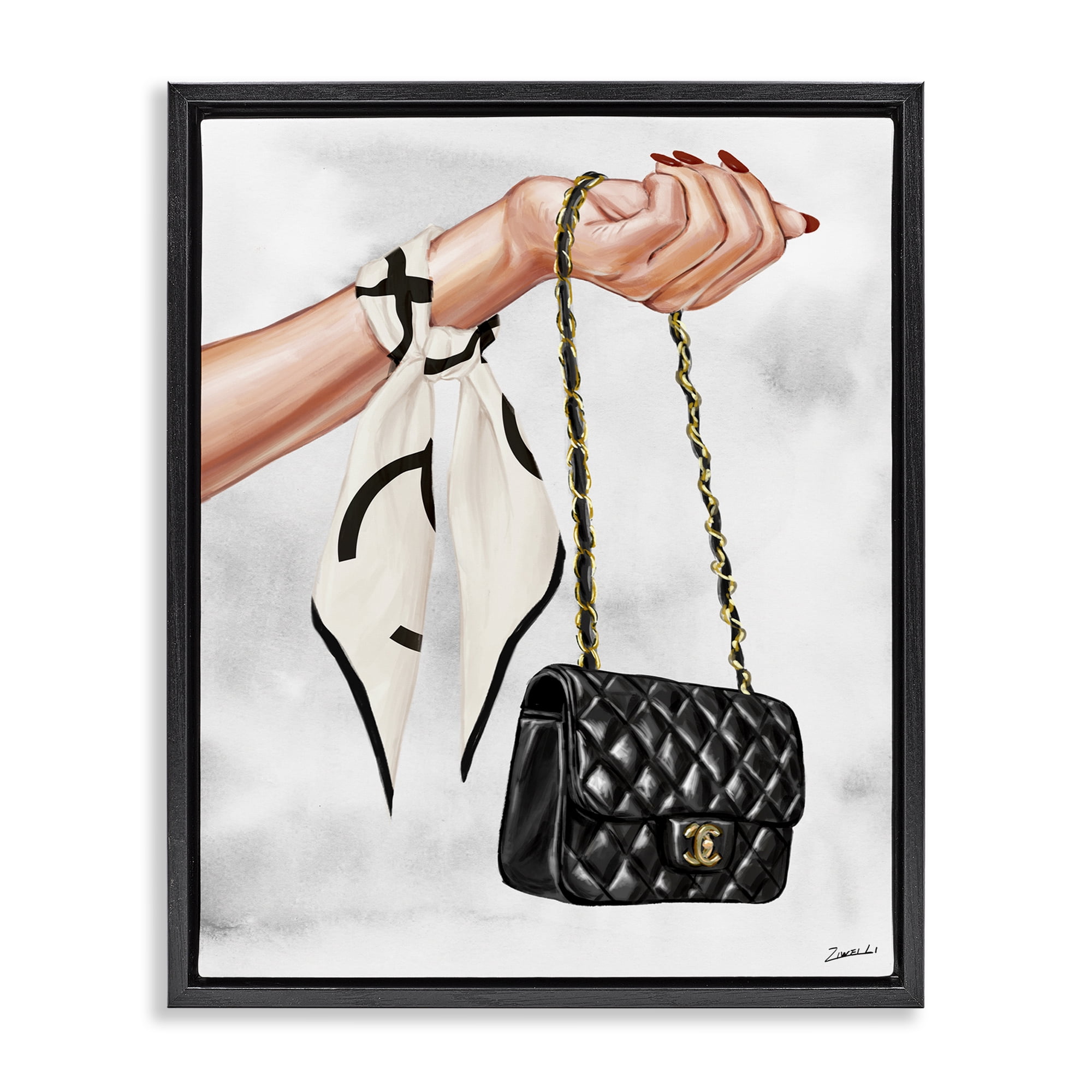 Stupell Industries Black Handbag on Wrist Fashion Painting Black Floater Framed Canvas Art Print Wall Art, 17 x 21