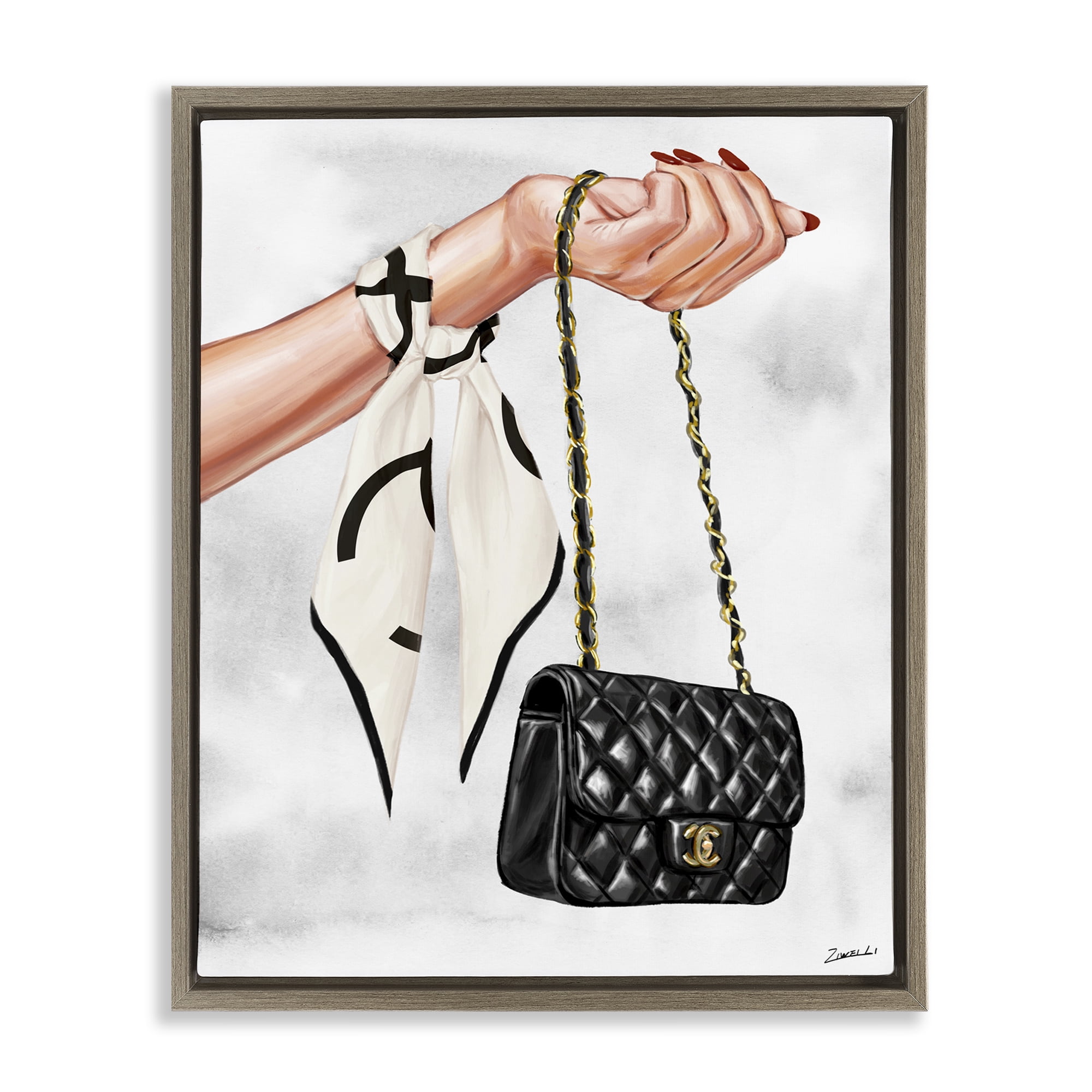 Stupell Industries Black Handbag on Wrist Fashion Painting Brown Floater Framed Canvas Art Print Wall Art, 25 x 31