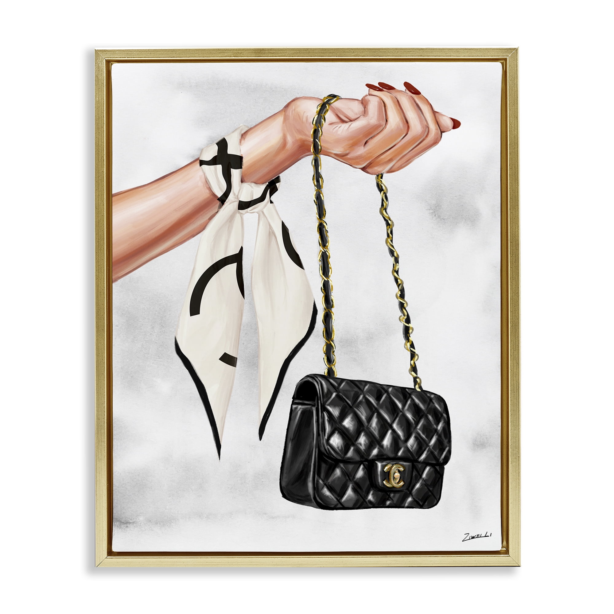 Stupell Industries Black Handbag on Wrist Fashion Painting Gold Floater Framed Canvas Art Print Wall Art, 25 x 31