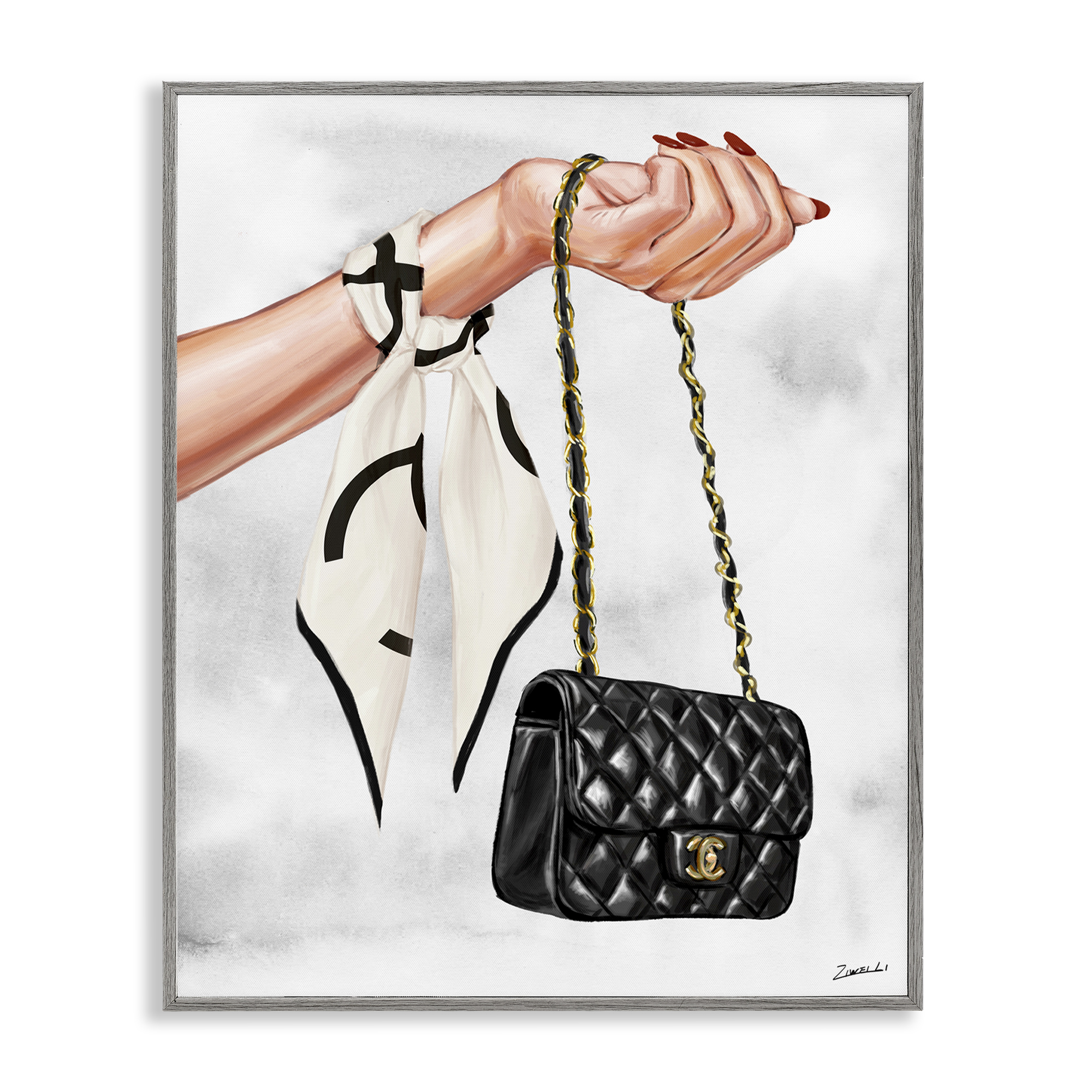 Stupell Industries Black Handbag on Wrist Fashion Painting Gray Framed Art Print Wall Art, 11 x 14