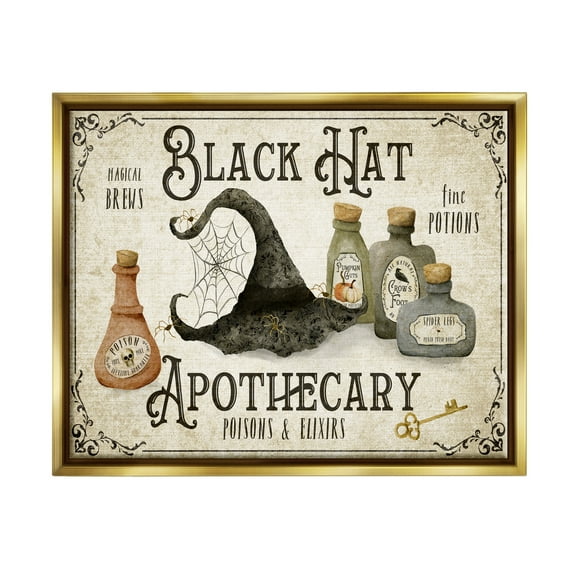 Stupell Industries Black Hat Apothecary Potions Holiday Painting Gold Floater Framed Canvas Art Print Wall Art, 31 x 25