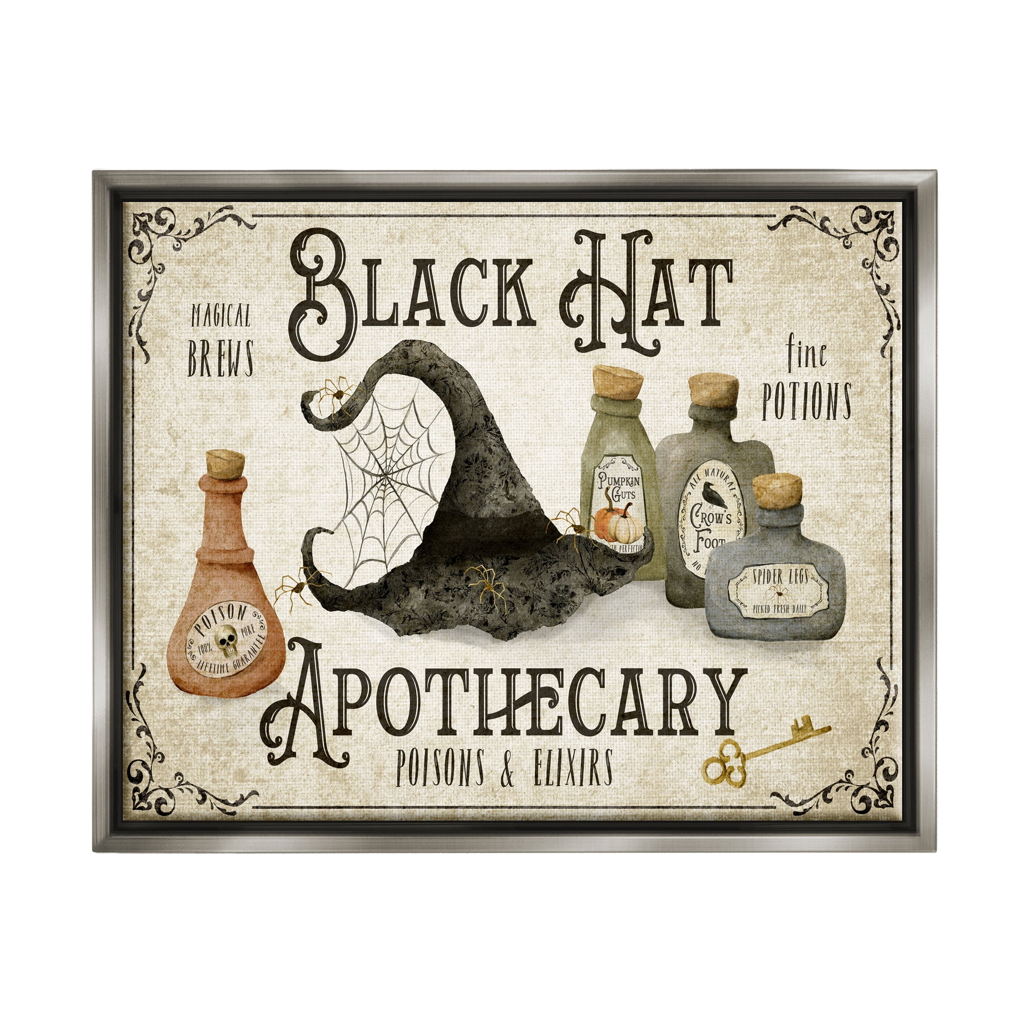 Stupell Industries Black Hat Apothecary Potions Holiday Painting Gray Floater Framed Canvas Art Print Wall Art, 31 x 25