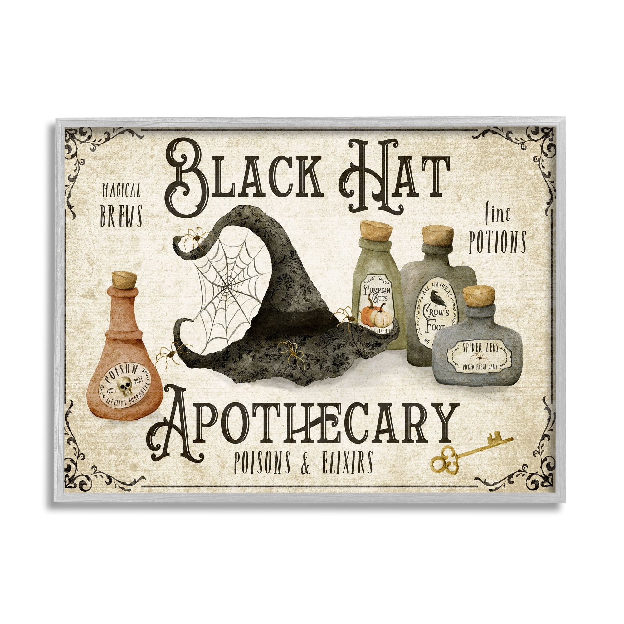 Stupell Industries Black Hat Apothecary Potions Holiday Painting Gray Framed Art Print Wall Art, 14 x 11