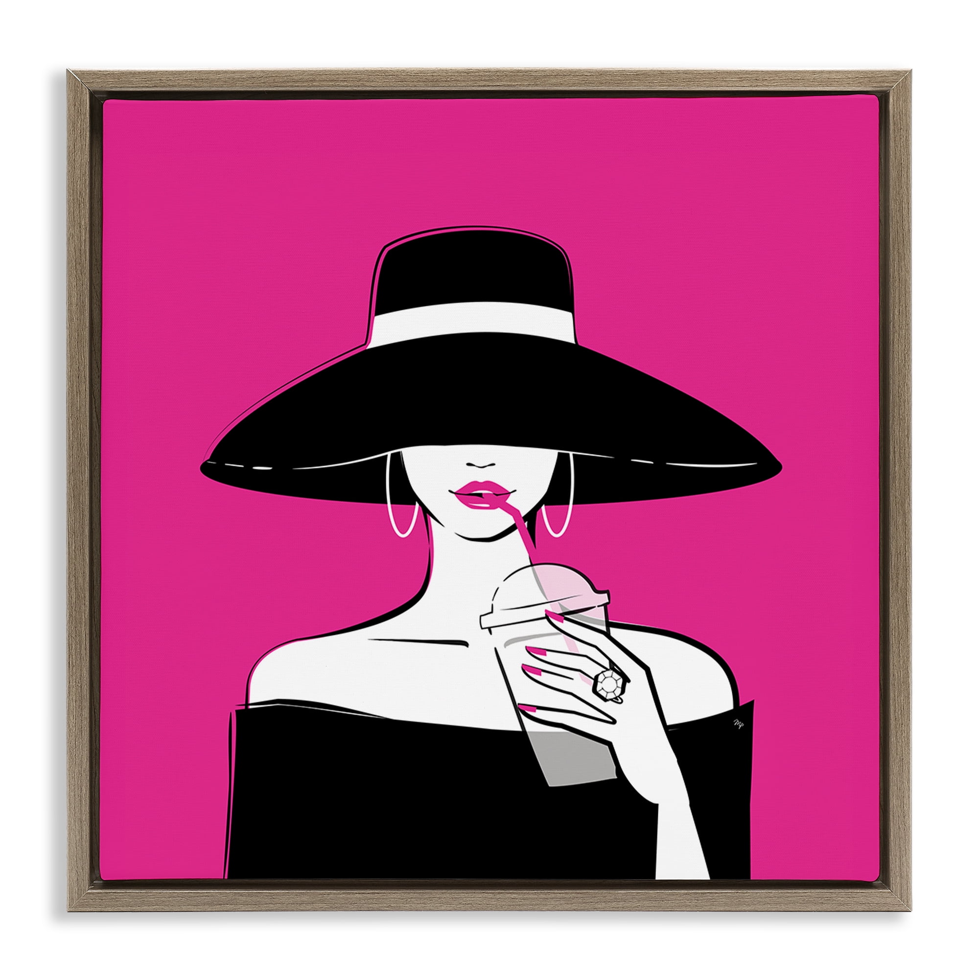 Stupell Industries Black Hat Glamourous Woman Brown Framed Floater Canvas Wall Art, design by Martina Pavlova