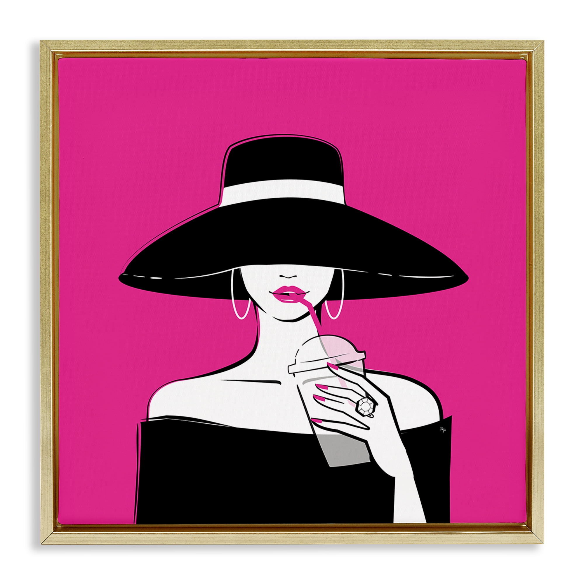 Stupell Industries Black Hat Glamourous Woman Gold Framed Floater Canvas Wall Art, design by Martina Pavlova