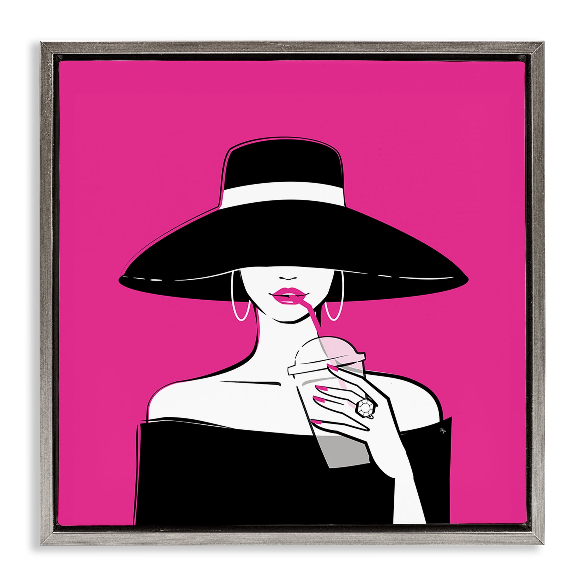 Stupell Industries Black Hat Glamourous Woman Gray Framed Floater Canvas Wall Art, design by Martina Pavlova