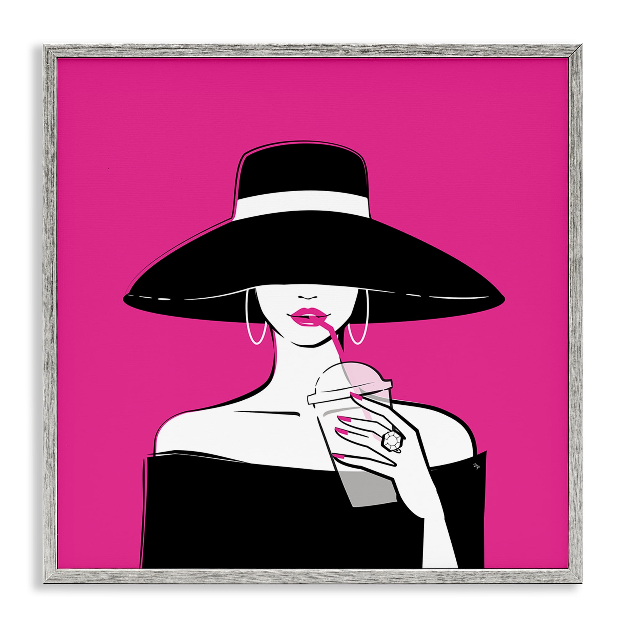 Stupell Industries Black Hat Glamourous Woman Gray Framed Giclee Art, design by Martina Pavlova