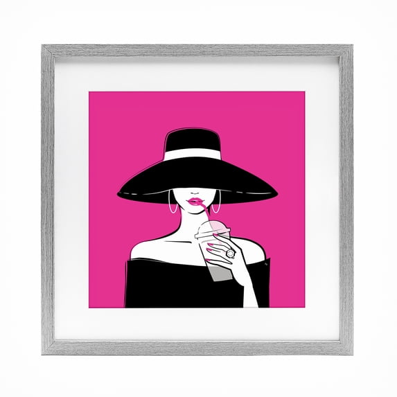Stupell Industries Contemporary Black Hat Glamourous Woman Gray Framed Print Under Glass, 13 x 13, by Martina Pavlova