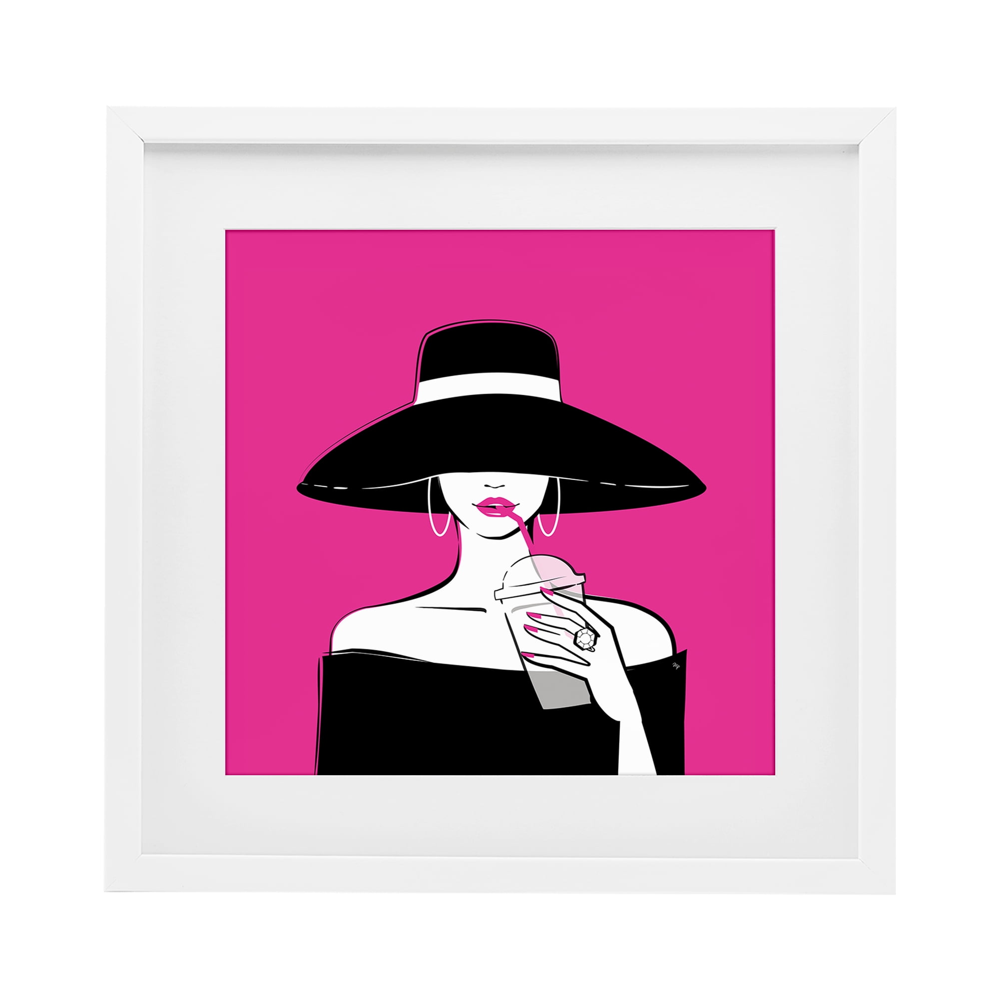 Stupell Industries Black Hat Glamourous Woman White Framed Print Under Glass, design by Martina Pavlova