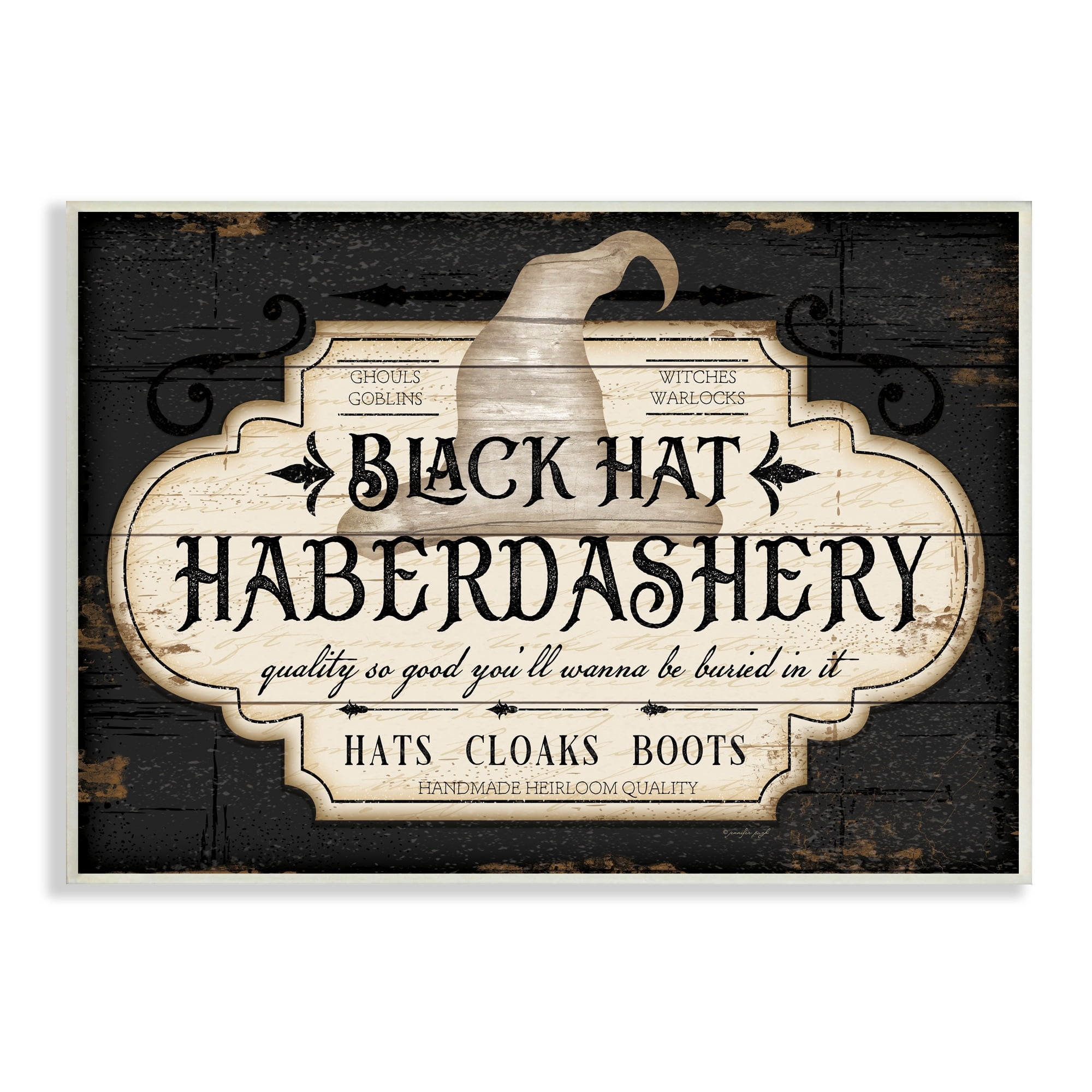 Stupell Industries Black Hat Haberdashery Halloween Sign Spooky Heirloom Quality, 15 x 10, Design by Jennifer Pugh