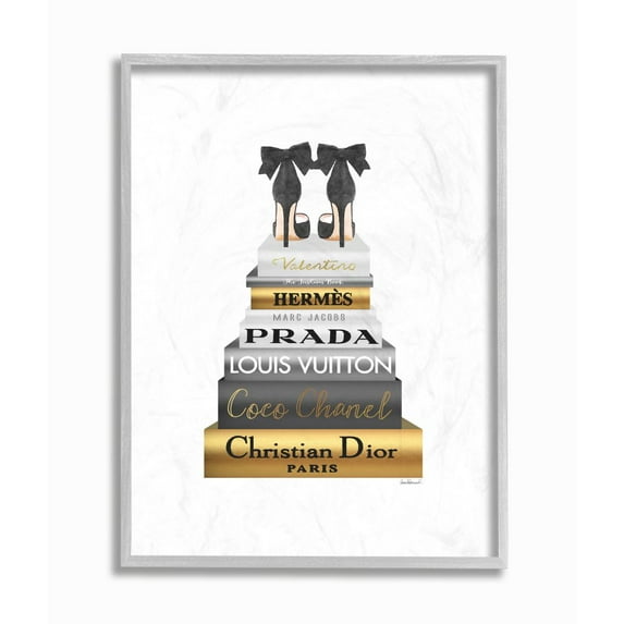 Stupell Industries Black Heels Gold Bookstack Glam Fashion Watercolor Design Framed Wall Art by Amanda Greenwood