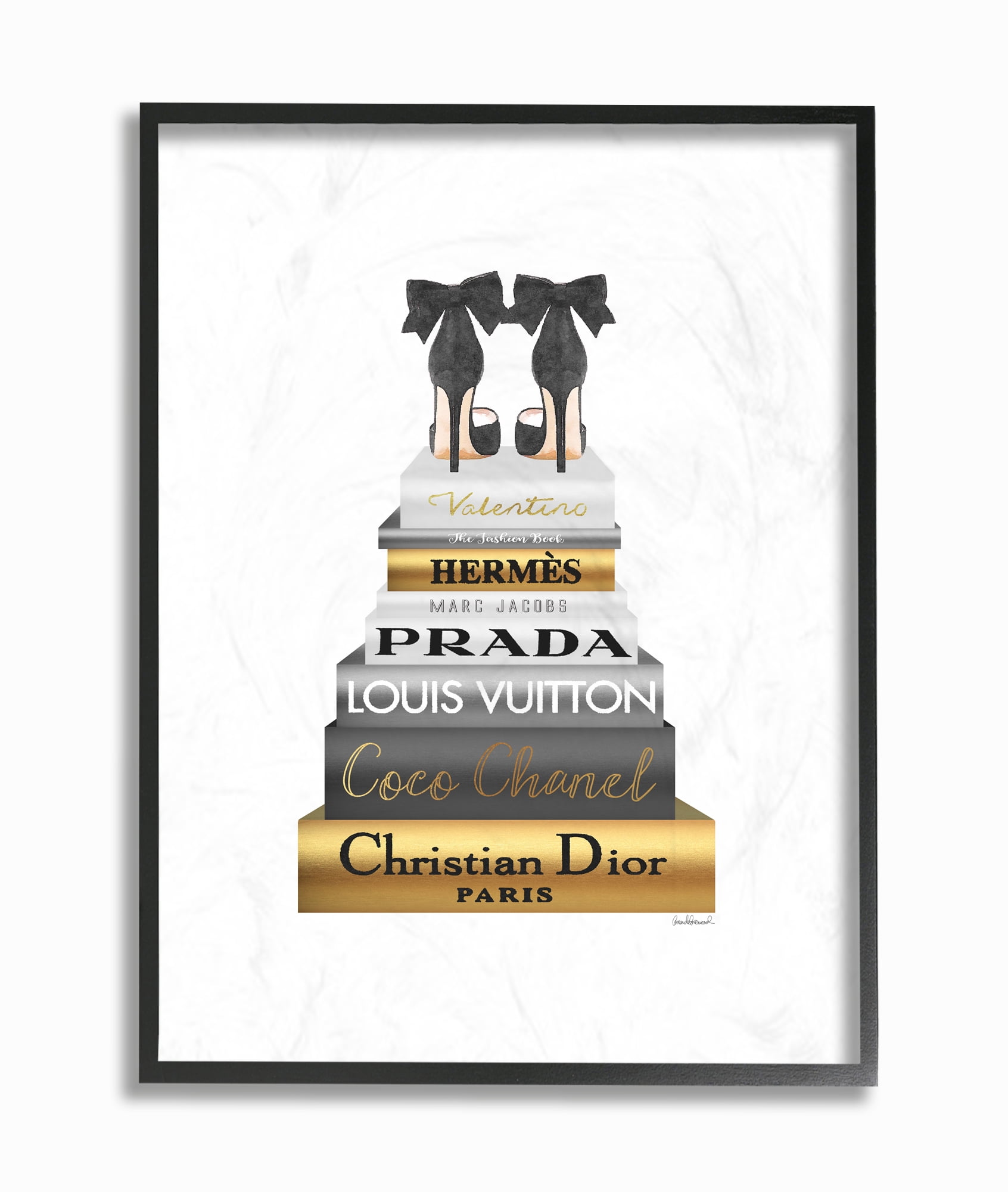 Stupell Industries Black Heels Gold Bookstack Glam Fashion Watercolor Design Framed Wall Art by Amanda Greenwood