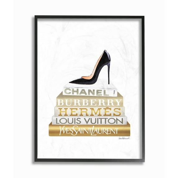 Stupell Industries Black Heels Gold White Bookstack Glam Fashion Design Framed Wall Art by Amanda Greenwood