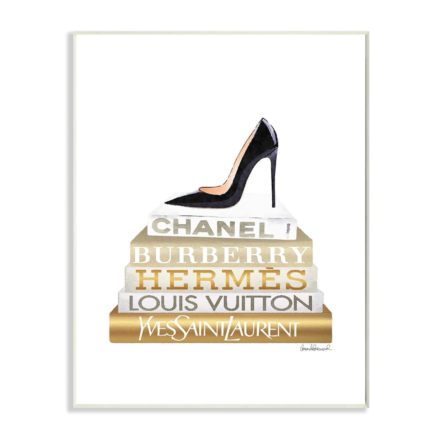 Stupell Industries Black Heels Gold White Bookstack Glam Fashion Design Wall Plaque by Amanda Greenwood