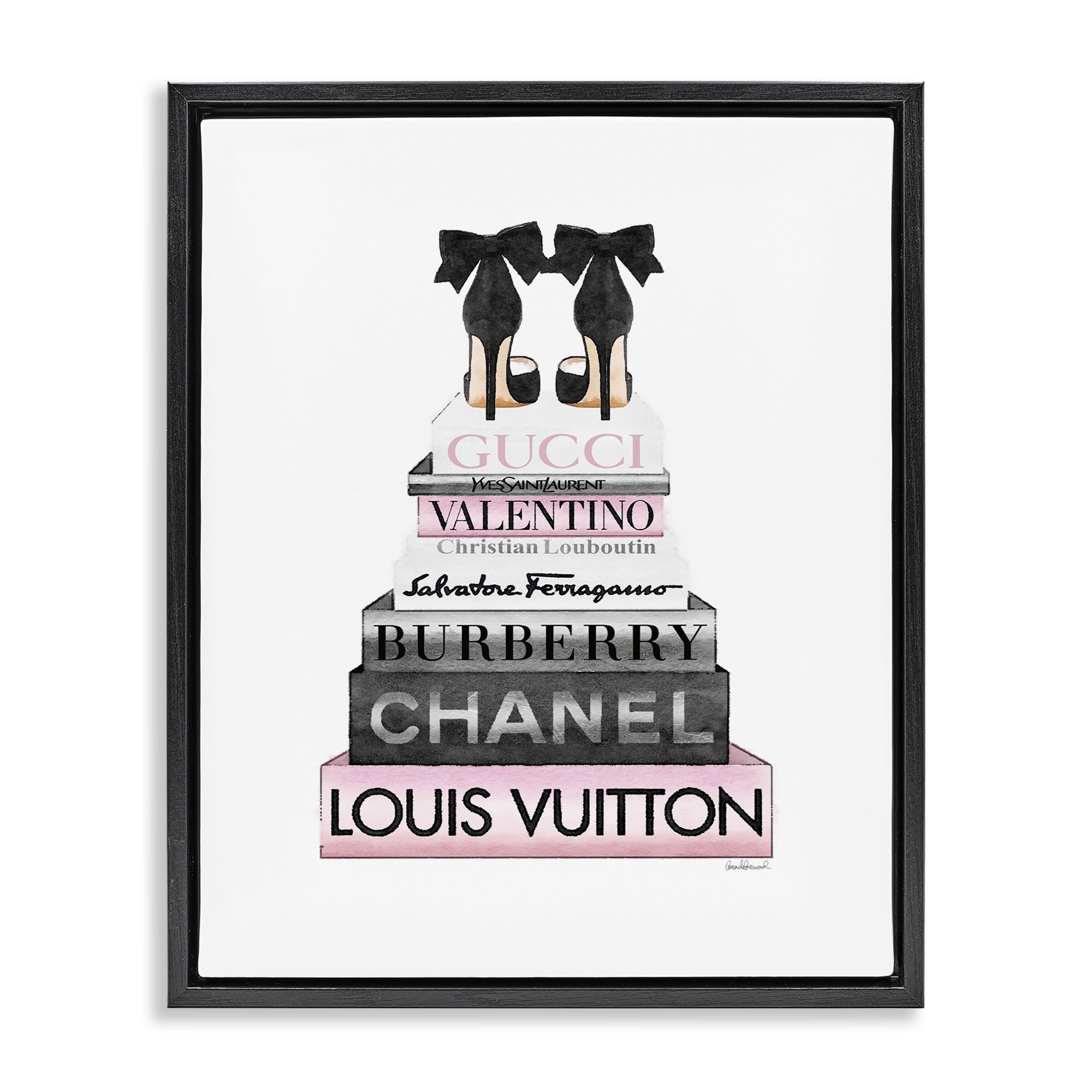 Stupell Industries Black Heels Pink Bookstack Beauty & Fashion Painting Black Floater Framed Canvas Art Print Wall Art, 25 x 31